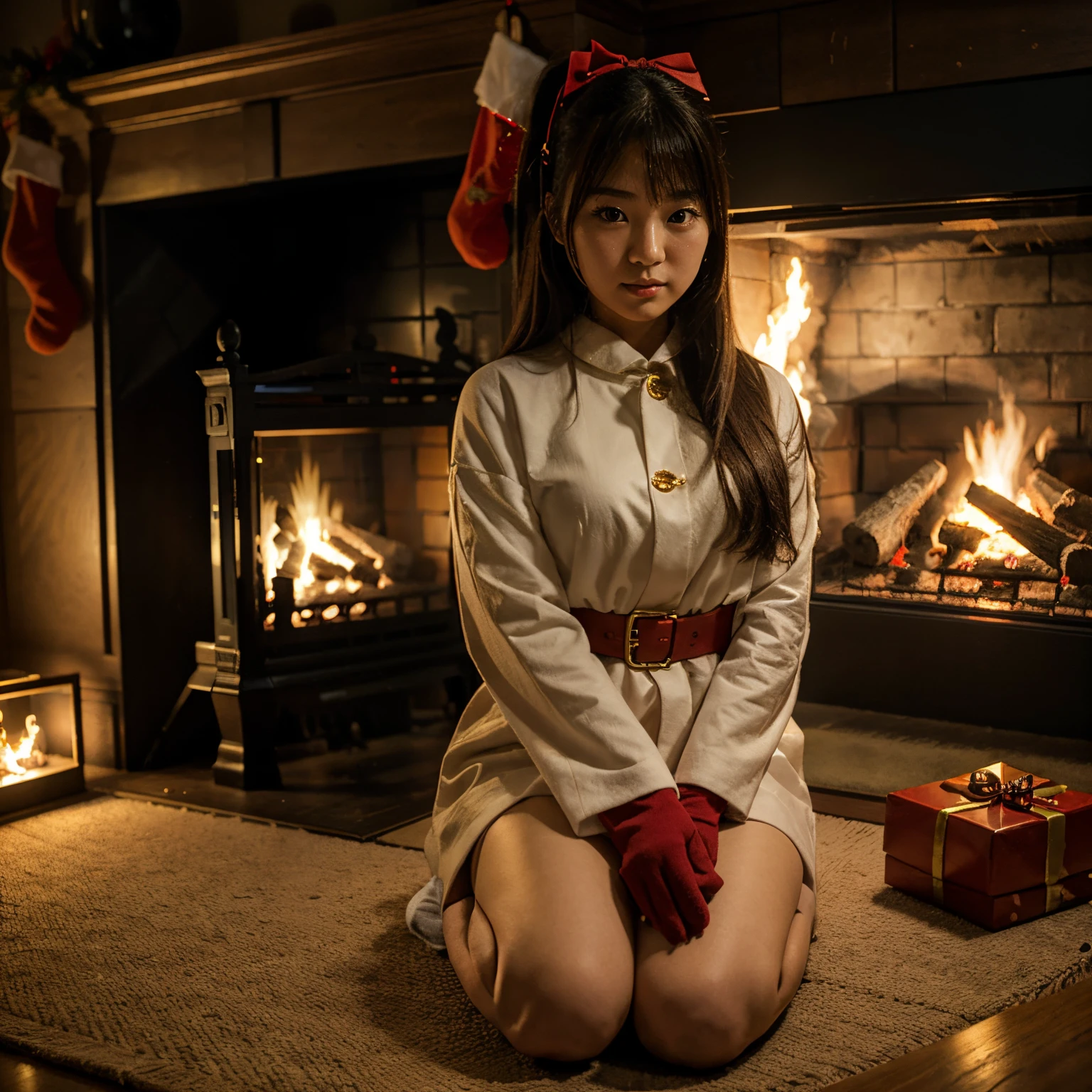 Christmas costume, Japanese girl, fireplace