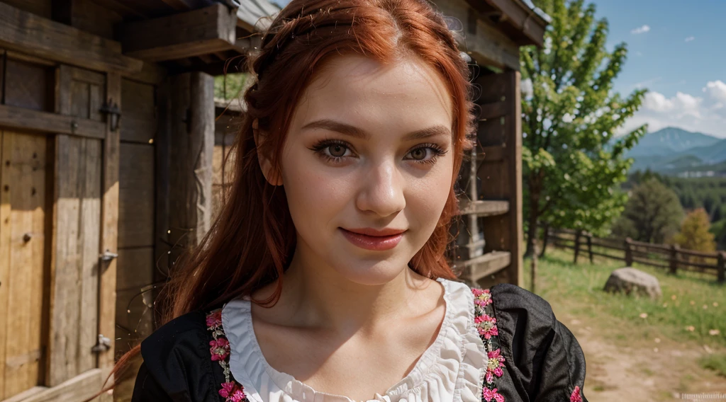 young girl ,slavic look,folk clothes,dress,blurry background,red hair,lite make up,outsite,mountain,sun,pink lipstick,polish,portrait,4k,ultra realistic,realistic face,selfie,close up,smiling, sexy look,temptating