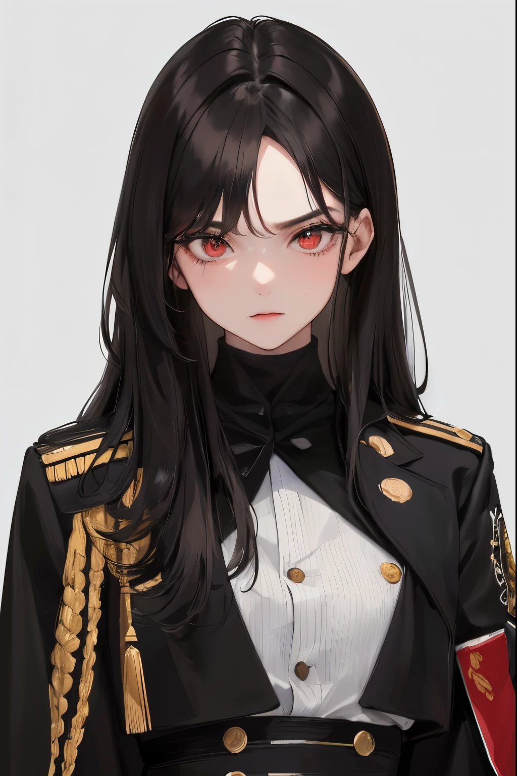 (Higher resolution, distinct image) beste-Qualit, A girl, Ёру, Masterpiece, Highly detailed, semi-realistic, Long hair, red eyes, black hair, Bangs, Young, tall and strong, Black clothes, Black Uniform, military uniform, Military academies, Military Insignia, internal prerequisites, Cold, Serious, ah high, Beautiful, authoritative, Powerful, delicate facial features, Exquisite facial features, small breasts, defined waist
