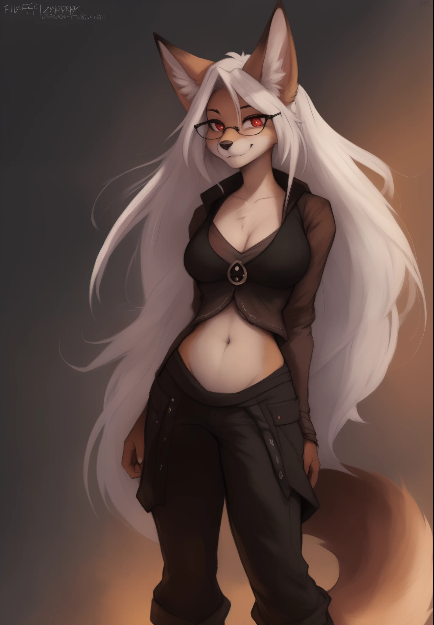 by Zackary911, by Kenket, by Kilinah, by fluff-kevlar, anthro, mommy female fennec fox, solo, long white hair, full body, one big tail, dark background. dark priest with balck and red cloack open belly, round glasses, full body concept, realism, reference, red eyes