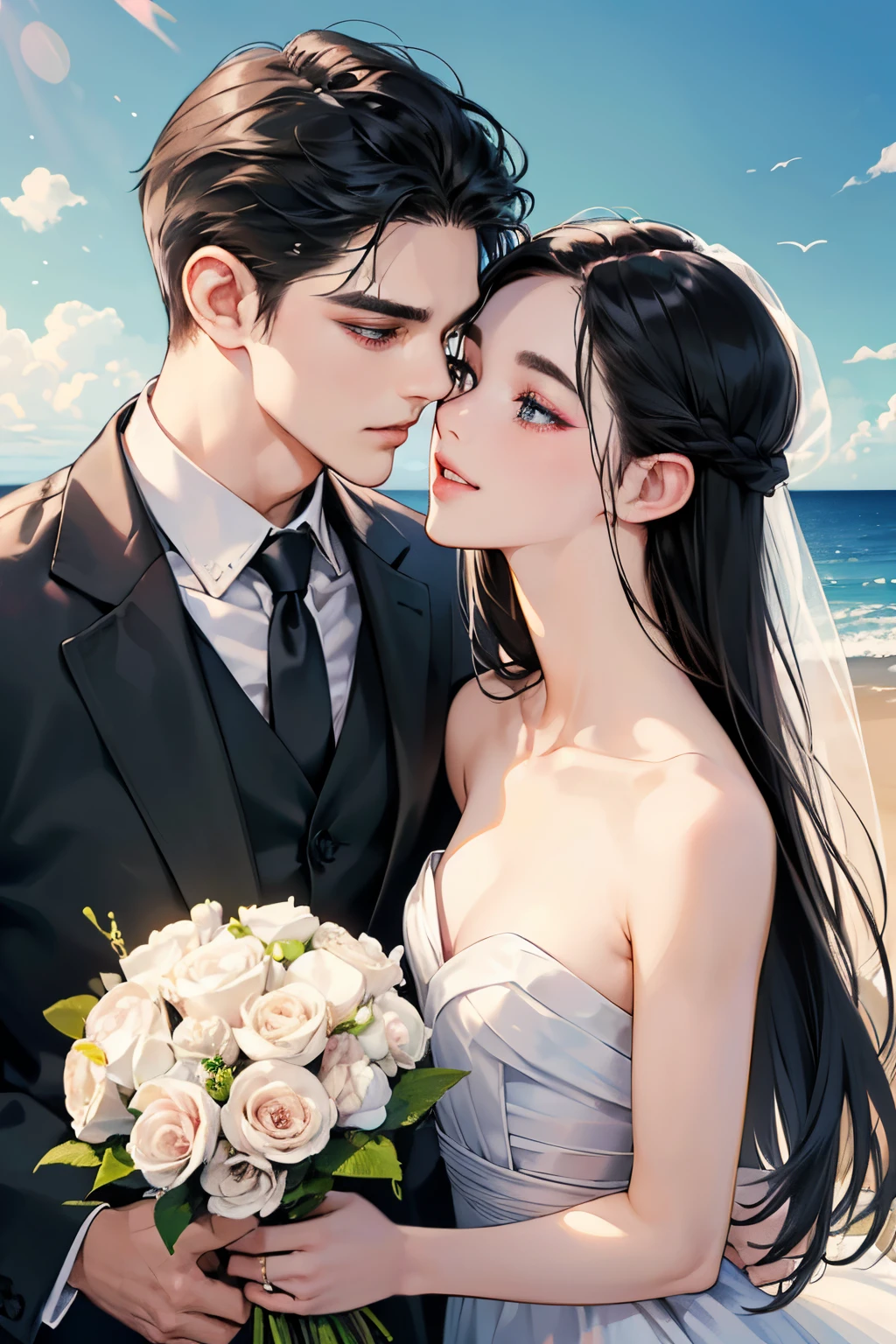(masutepiece, Digital Art, Digital Illustration, 4K, 8K, Ultra-detailed, beautiful image, Sharp Image, Photorealistic, Raw photo, Perfect face, Perfect lines, Perfect eyes, Soft lighting) ,1 woman, (Long Black Hair,straight haired,Bullish gaze,Beautie,ellegance,Solid makeup,23 y-o woman,small tits:1.3),Two handsome men in suits, (ember,well-muscled,Firm shoulder width, Man's,Boyish hairstyle,English gentlemanly style,Man in his 30s with a cool expression,28-year-old man with bright smile:1.2),Show white teeth and smile(embarrassed from,Shy smile:1.1),shores,Beach,beach wedding、innocent smiles,Laugh、couple kissing、kiss、the kiss、Romance、Mermaid Line Wedding Dresses、Wedding、bouquet of beiragnolia