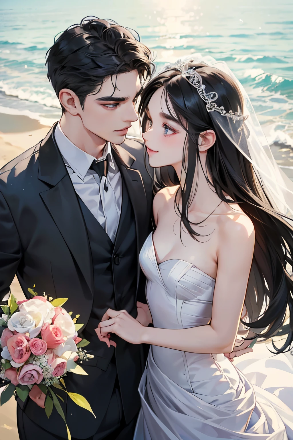(masutepiece, Digital Art, Digital Illustration, 4K, 8K, Ultra-detailed, beautiful image, Sharp Image, Photorealistic, Raw photo, Perfect face, Perfect lines, Perfect eyes, Soft lighting) ,1 woman, (Long Black Hair,straight haired,Bullish gaze,Beautie,ellegance,Solid makeup,23 y-o woman,small tits:1.3),Two handsome men in suits, (ember,well-muscled,Firm shoulder width, Man's,Boyish hairstyle,English gentlemanly style,Man in his 30s with a cool expression,28-year-old man with bright smile:1.2),Show white teeth and smile(embarrassed from,Shy smile:1.1),shores,Beach,beach wedding、innocent smiles,Laugh、couple kissing、kiss、the kiss、Romance、Mermaid Line Wedding Dresses、Wedding、bouquet of beiragnolia