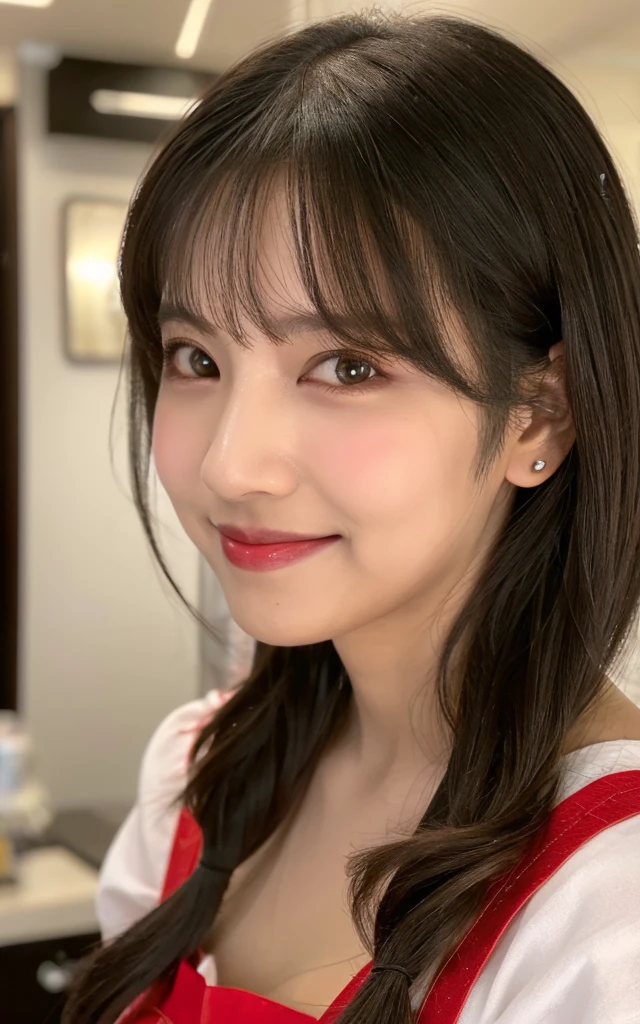of the highest quality, masutepiece, 超A high resolution, Photorealistic, 1 girl,High-resolution full-body images, Grinning red lips, Smile, slightly visible, Naked apron,fullbody image,Soft lighting, Detailed skin, Bangs, Black hair, Clear eyes, Short bob hair, Transparency, Japan, Korean, Beautiful woman, Upper Eyes, Lip gloss, Teardrops, Mole on the chest, Highlight the lines of the body