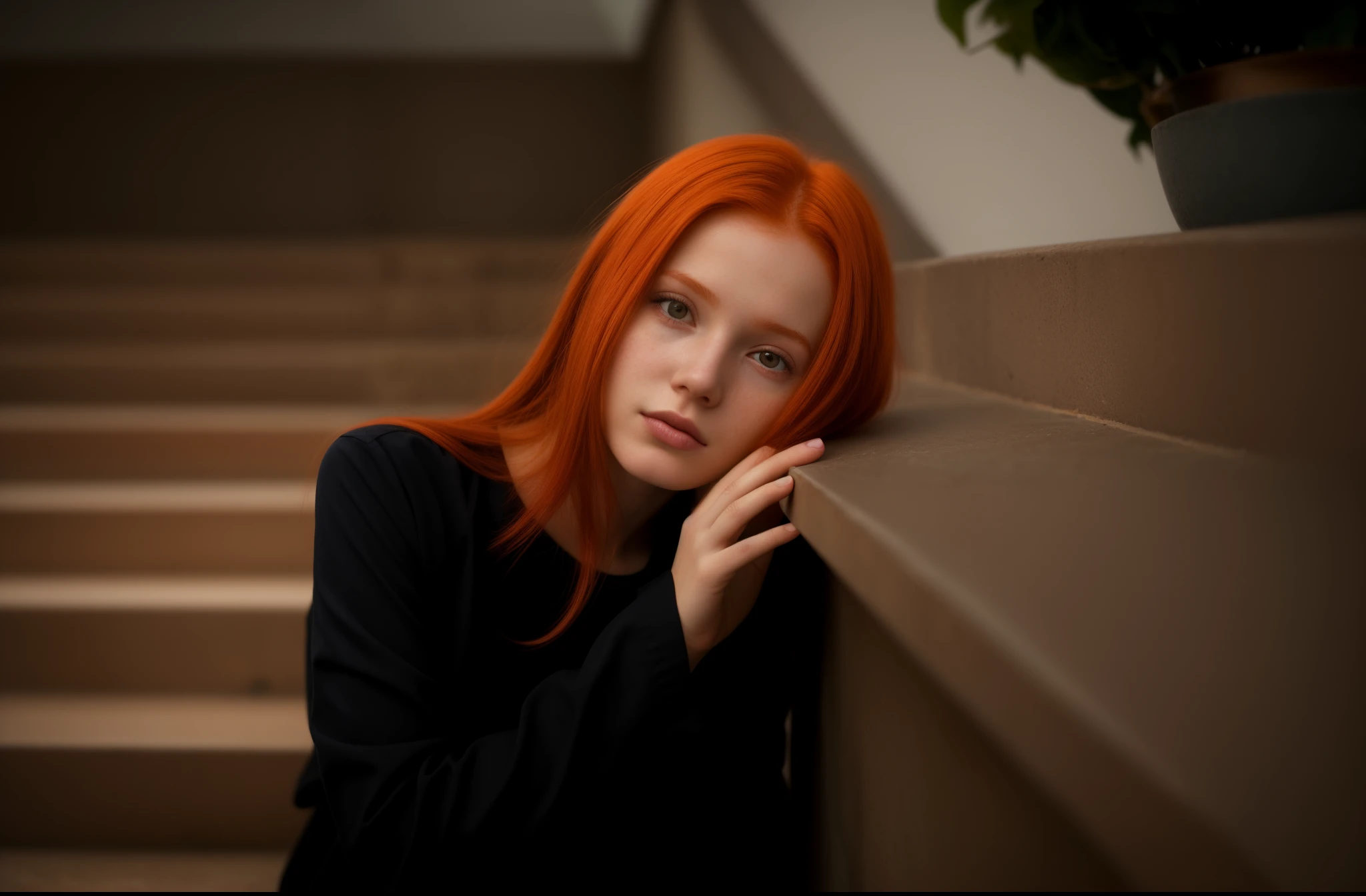 there was a redheaded girl leaning against the wall with her hand on her chin, menina de cabelos vermelhos, beautiful lonely girl, Rapariga, Retrato de uma menina de cabelos vermelhos, menina ruiva jovem bonito, infp mulher jovem, Um retrato de uma menina suicida, mulher jovem de cabelos vermelhos, Por Irakli Nadar, with a sad expression, uma jovem ruiva, Redhead Girl