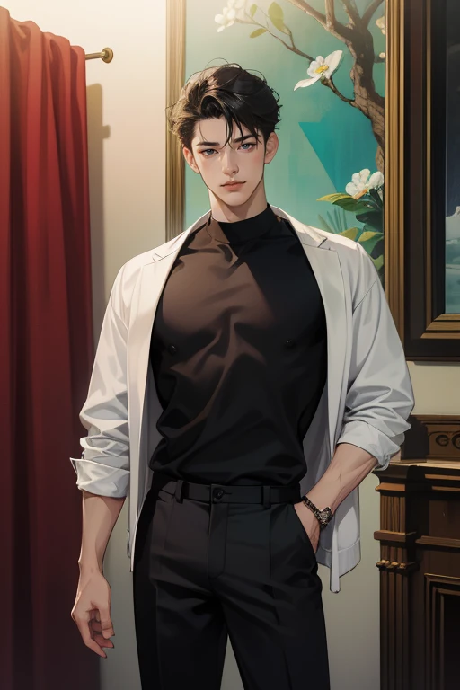Absurdres masterpiece HDR high quality Picture a young handsome Korean boy from webtoon with warm and friendly features wearing a  and comfortable casual outfit. He sports a clean, fresh haircut that accentuates his natural good looks, and a smirking face and anime eyes