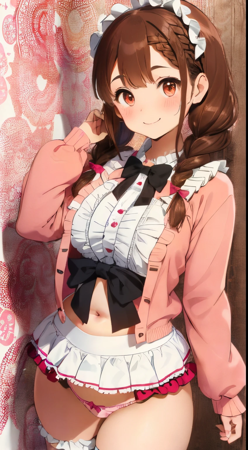 ((Brown hair)),((Braided shorthair)),(With bangs),((pigtail eyebrows)),Slight red tide,((Sweet ta Fashion)),(Fluffy long sleeve cardigan clothes with lots of frills)),(Head dress),((Colorful and cute lolilothes)),(Strawberry pattern),(The chest is boldly opened),(fairy tale cute platform sneakers),((Colorful and pop world view)),(((Body shape is slender))),((Cute pose with hand on face)),Kamimei,(Shy smile),(close up of face),NSFW,(Navel Bow Style),((Panties with ruffles)),((tail)),