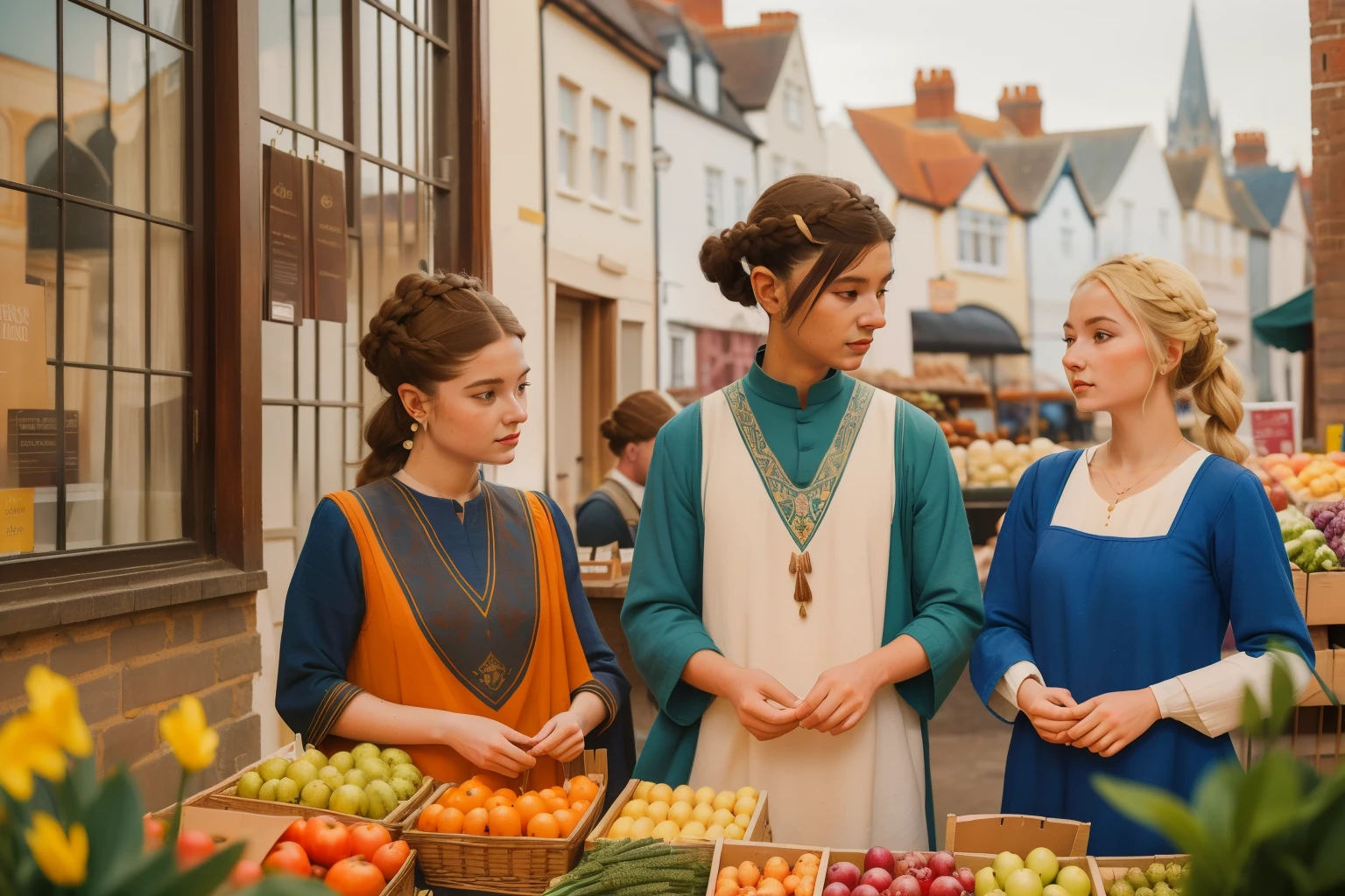 1135, Salisbury, England. In an otherworldly city, in the distance ecclectic merchants work in a Wes Anderson farmers market, ((((poor tunic from the 12th century)))), ((Hairstyle of the 12th century)), colorful