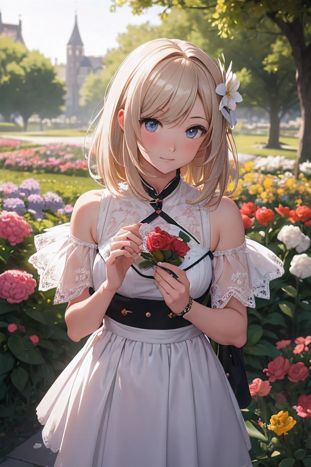 (((Medium Hair))), Best Quality, 8K, nffsw, hight resolution, absurderes:1.2, Blurry background, Bokeh:1.2, Photography, (Raw photo:1.2), (Photorealistic:1.4), (masutepiece:1.3), (Intricate details:1.2), flower garden girl, Bottom-to-top view, View of the universe, intergalactic, kite, Take the key, Anime Dinner, anime styled,