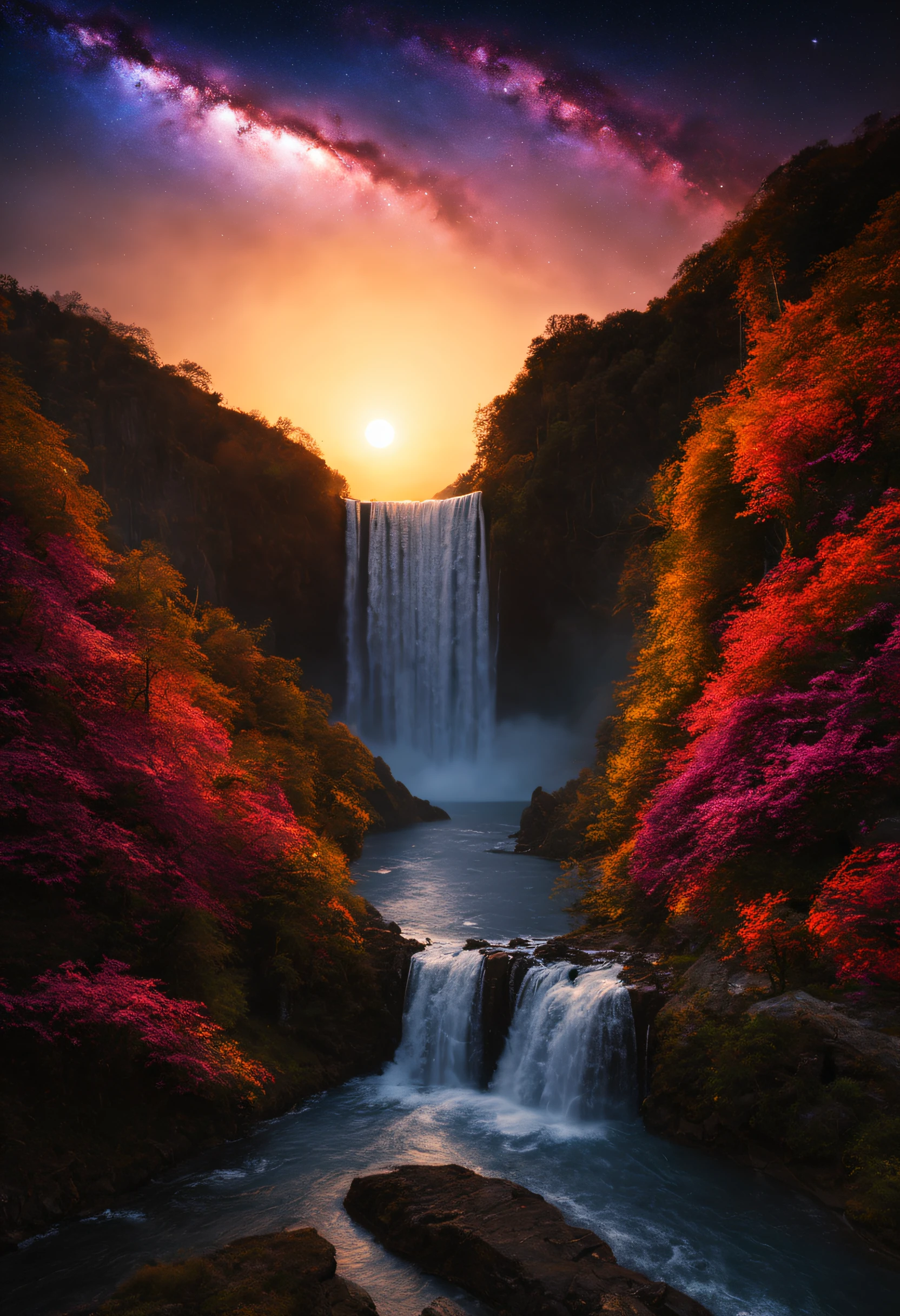 A magnificent sunset in front of extraordinary waterfalls. In the distance we see the galaxy beginning to appear. The colors are magnificent and detailed