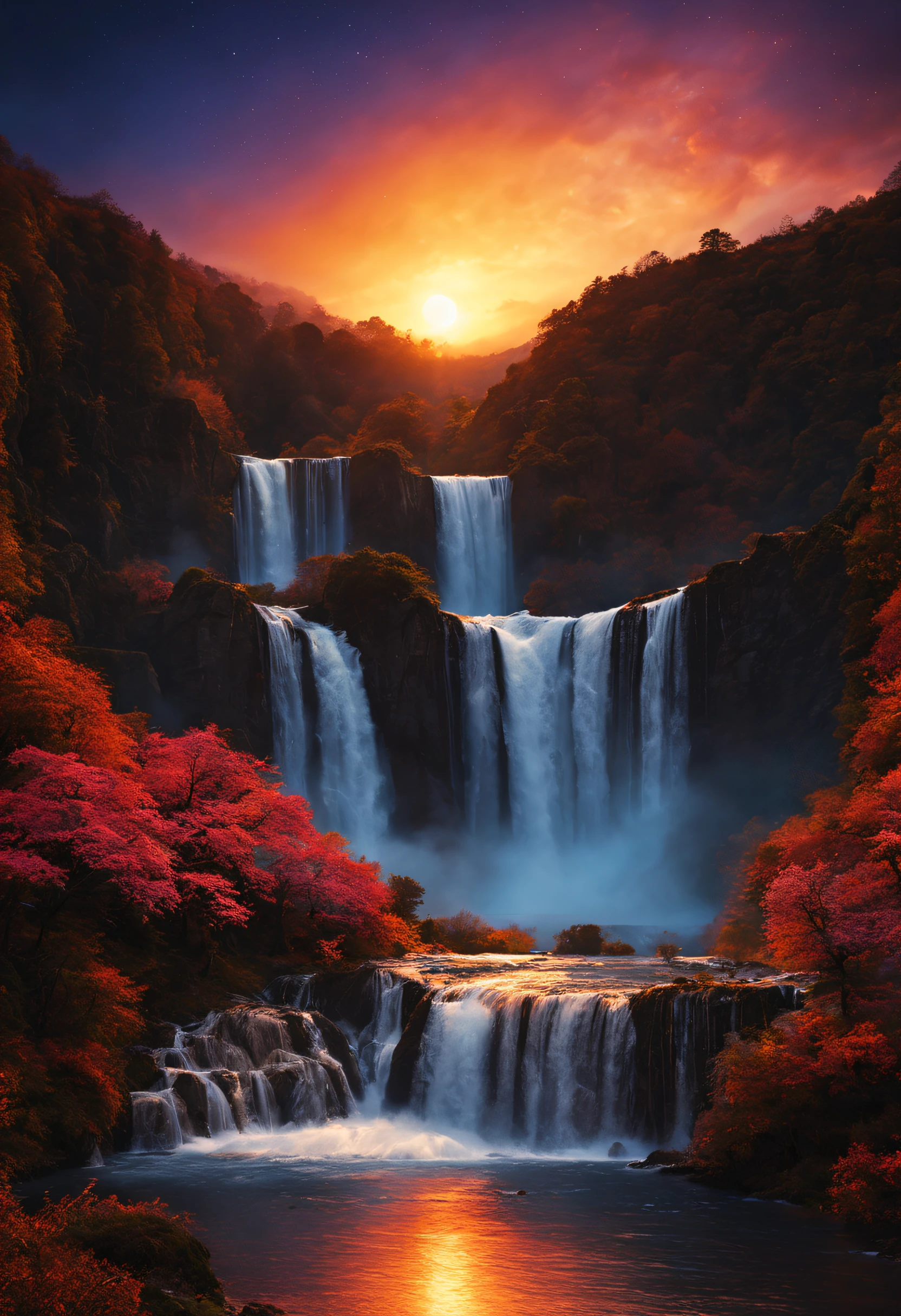 A magnificent sunset in front of extraordinary waterfalls. In the distance we see the galaxy beginning to appear. The colors are magnificent and detailed