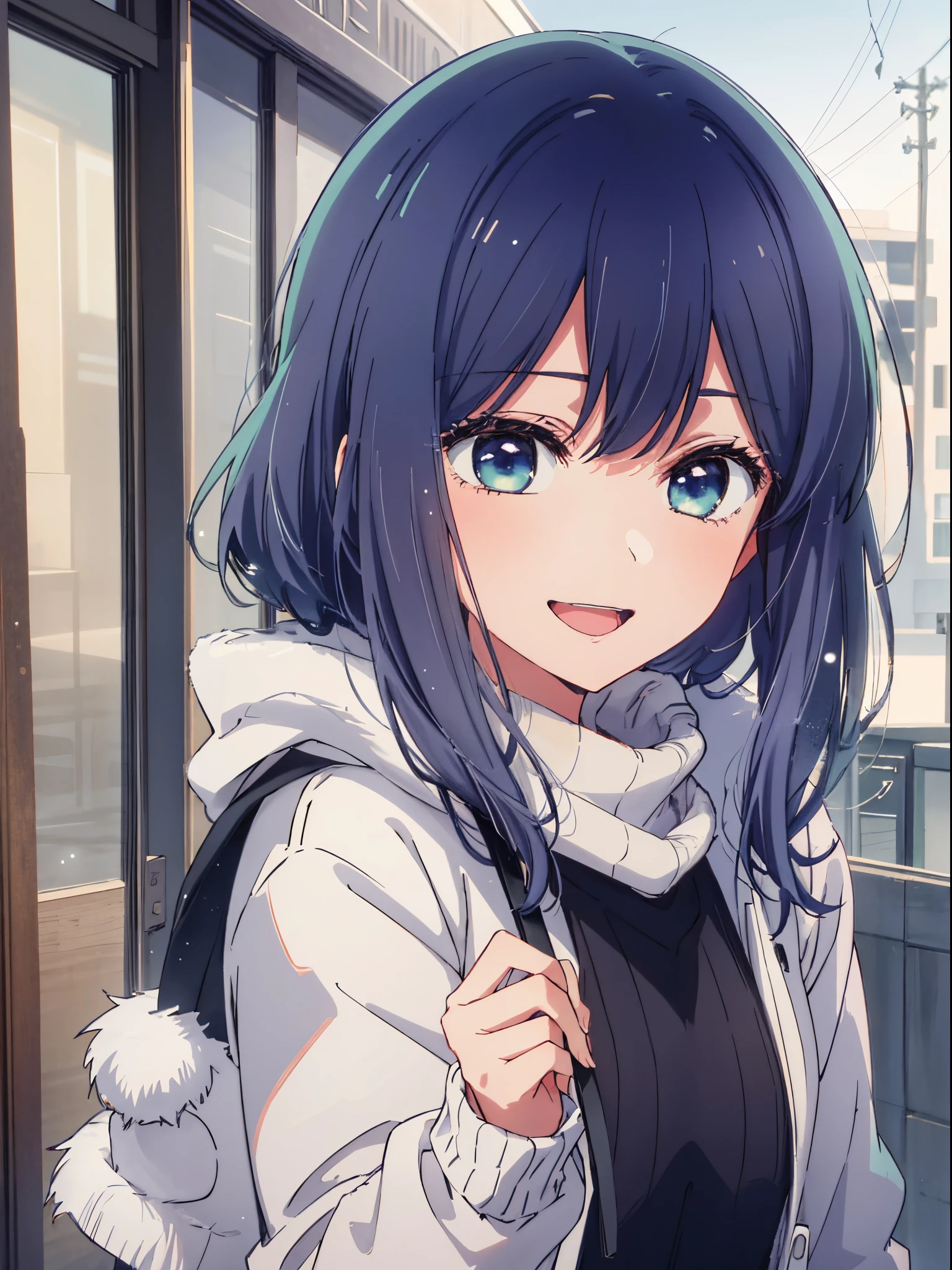 beautiful  lighting, 1girl in, 独奏, Akane, (((anime styled)))、(((2D)))、A smile、Open your mouth、(((Winter clothes)))、Plain clothe、takeout、(((a closeup)))