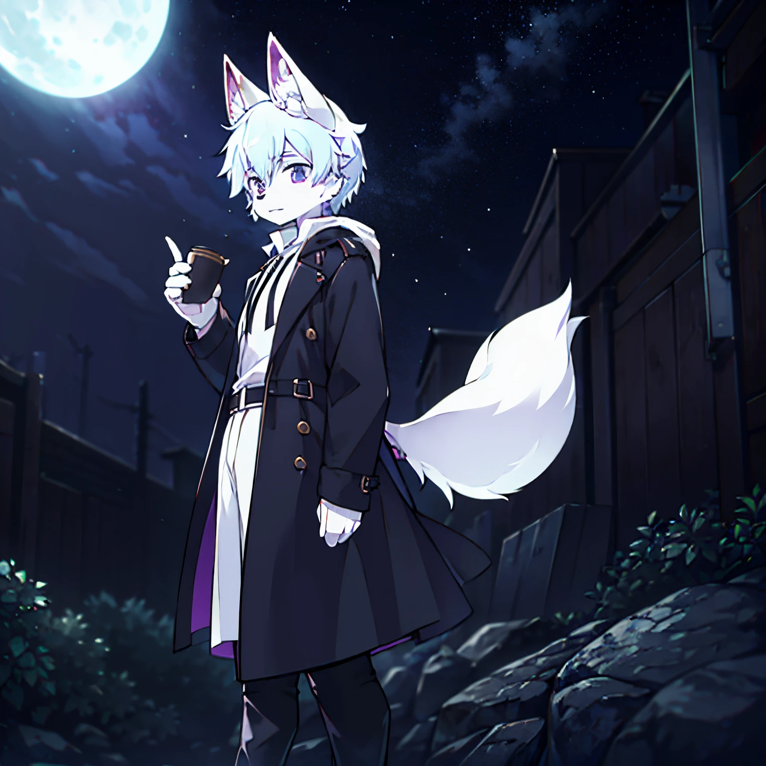 Furry sika deer，There  a white fox tail on the back，White shirt and black long trench coat，Wearing black boots on his feet，Wearing a fox mask on the face，cover half of face，It has a pair of antlers and furry fox ears on its head.，Height 178 cm，eyes as dark blue as stars，It was beautiful，It&#39;s dotted with purple and green