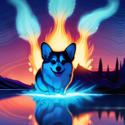 fantasy. A corgi created of wickedness, with eyes that glow. the air around it seems ethereal. it stands in front of a lake made of blue fire. evil
