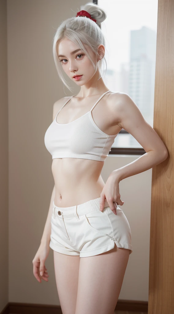 A beautiful woman standing, wearing hotpants, pale skin, smooth pale skin, skin tune red, perfect body, detailed body, cute face, white hair, ponytail hair, top quality, realistic