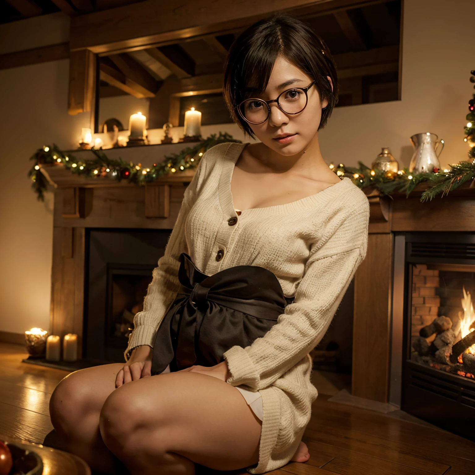 naked Japanese girl in front of fireplace, sit down, short cut hair, charming, round glasses, open cunt, Christmas tree, split legs, skinny body