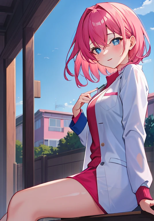 1girl, cute, pink-peach hair, bangs, pigtails, cat ears, green eyes, smiling, wearing colorful pastel clothing, halfbody shot, wearing white lab coat, inside lab