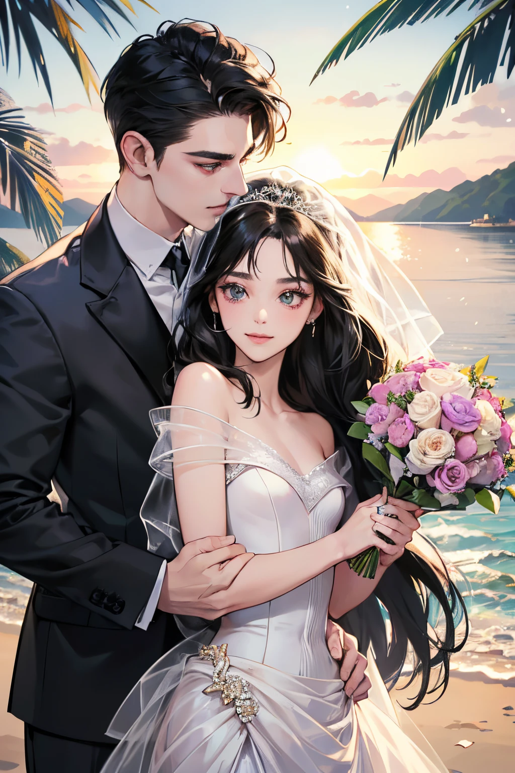 (masutepiece, Digital Art, Digital Illustration, 4K, 8K, Ultra-detailed, beautiful image, Sharp Image, Photorealistic, Raw photo, Perfect face, Perfect lines, Perfect eyes, Soft lighting) ,1 woman, (Long Black Hair,straight haired,Bullish gaze,Beautie,ellegance,Solid makeup,23 y-o woman,small tits:1.3),Two handsome men in suits, (ember,well-muscled,Firm shoulder width, Man's,Boyish hairstyle,English gentlemanly style,Man in his 30s with a cool expression,28-year-old man with bright smile:1.2),Show white teeth and smile(embarrassed from,Shy smile:1.1),shores,Beach,beach wedding、innocent smiles,Laugh、couple kissing、kiss、the kiss、Romance、Mermaid Line Wedding Dresses、Wedding、bouquet of beiragnoria