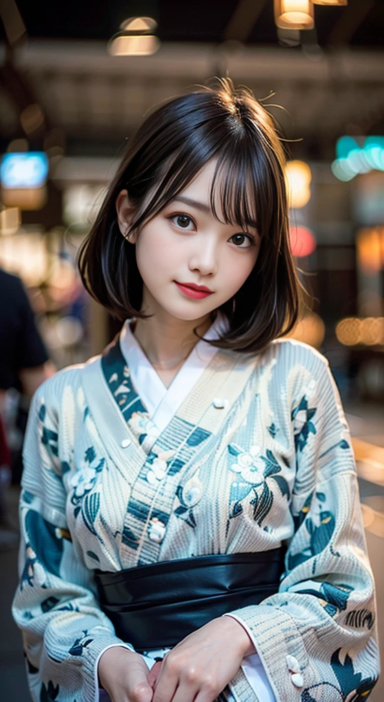 (8K, Raw photo:1.2), Detailed face and eyes,Best Quality, 超A high resolution, Highly detailed ,intricate detailes ,masutepiece ,Cute Girl , Soft cinematic light, Hyper-detailing,Sharp Focus, High quality, A dark-haired, bob cuts, Yukata