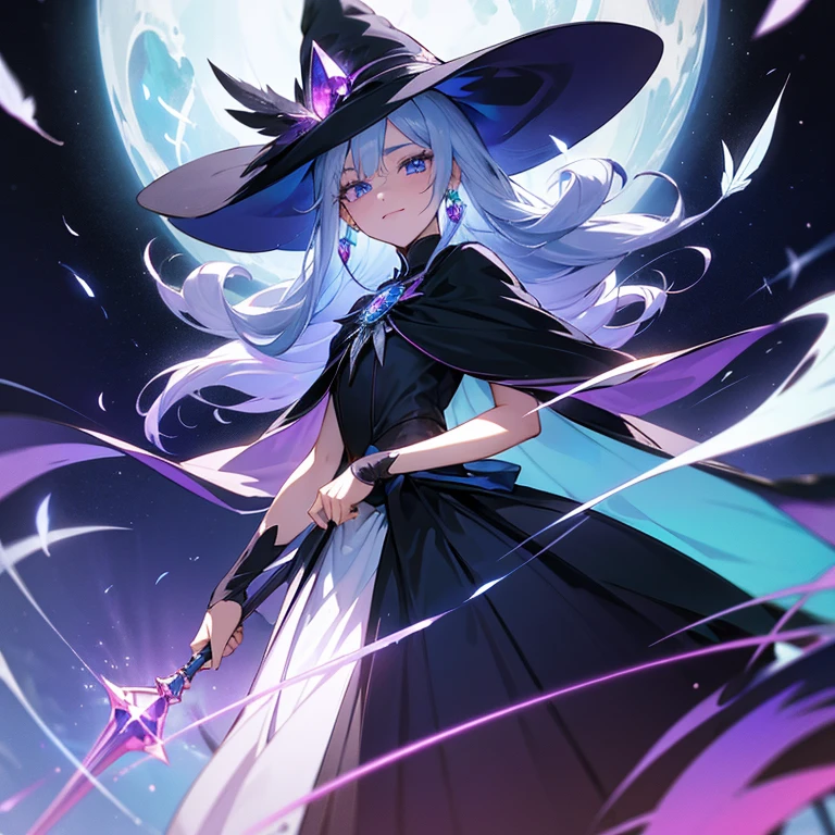 Human Female,27yo,Adults,Alone,Precure,white precure,Fight with magic,Longhaire,pure white hair,Big blue eyes,Sparkling eyes,Jet black witch dress with blue jewels,A pure white cloak decorated with colorful jewels,White ribbon,a white collar,red accent,Blue accents,Purple accents,pure,kindly smile,Cool,animesque,Black long skirt,the witch,bro,uses magic,European style,sapphires,Tanzanite,aquamarine,ruby,garnet,amethyst,opal,Diamonds,krystal,Crow's feathers,Blue and black witch hat with ribbon and white feathers,magic wand with aurora gemstone,Silver Light,Rainbow Light,Forward-facing,Best Quality,high-level image quality,hightquality,a moon,No logo