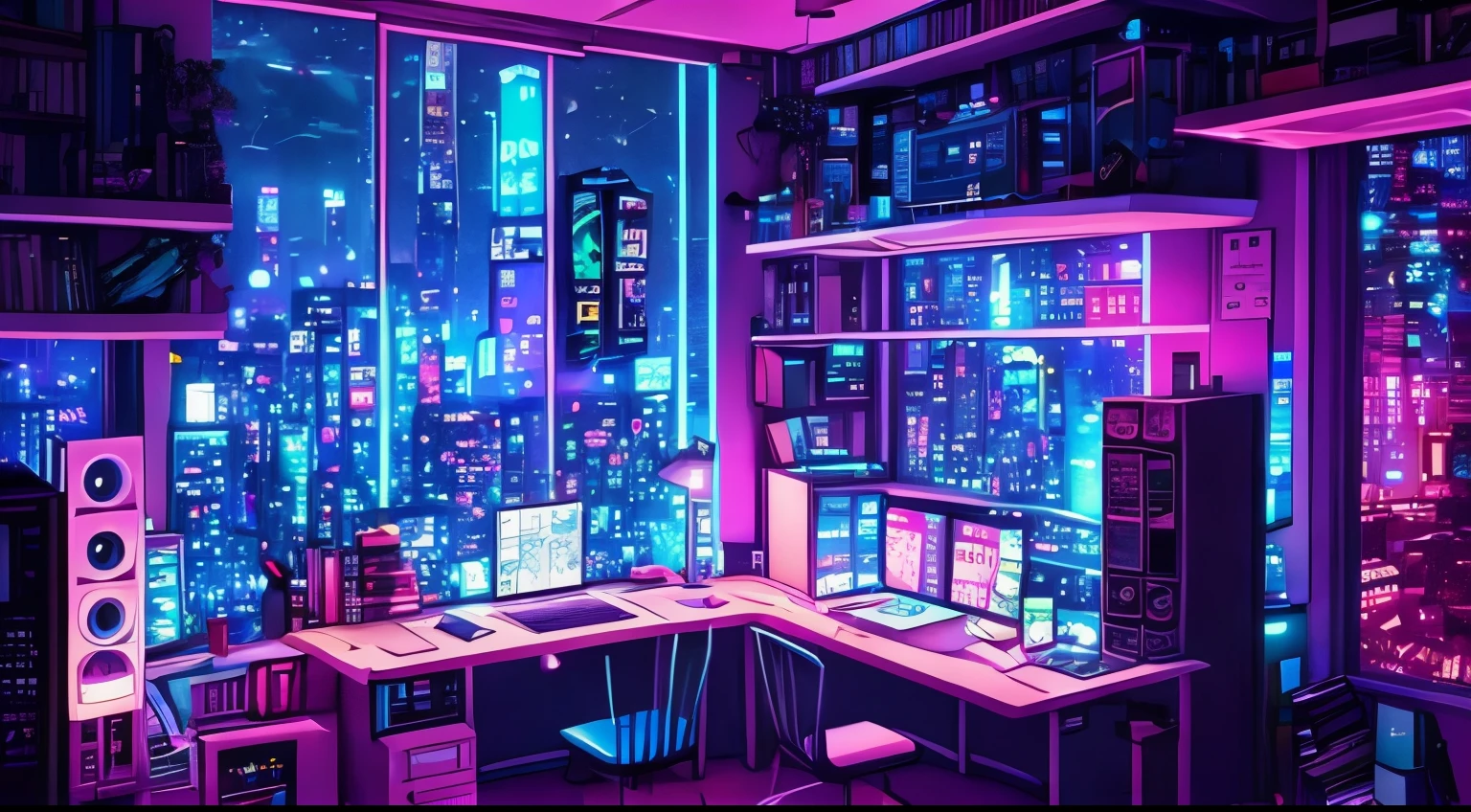 lofi room, at night, cyberpunk
