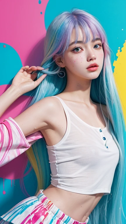 （Pink fashion T-shirt：1.9），（Colorful hair：1.8），（Rainbow all colors：1.8），（（（（Vertical painting：1.6)）），（painting of a：1.6），largeeyes,crystal-clear,（rainbow color gradient high ponytail：1.7）,Delicatemakeup,Keep one's mouth shut,(Small Fresh:1.5),long eyelasher,White shoulder T- shirt, White Shoulder Shirt，looking at viewert，watery big eyes, perfect figure beautiful woman:1.4, Slim abs:1.2, ((Layered Hair Style, huge tit:1.2)), (Long shirt with wet white buttons：1.1），（Sateen，the street：1.2），Get wet：1.5，Highly detailed facial and skin texture，A detailed eye，二重まぶた，Look sideways at the camera，open shirts，nabel，exposing your navel，Cover your chest with your hands，Hands on the chest，(rainbow colour hair：1.6), colored splashing, （Solo：1.8）, colored splashing, Color explosion, Color splattering, Color explosion, Thick lacquer style，Messy lines，((Shining)) ，(Colorful), (Colorful), (Colorful), Colorful, Thick Paint Style, (Splash) (colored splashing), Vertical painting, paint splatter, Acrylic Pigment, Gradient, Paint, Highest image quality, Highest image quality, Masterpiece, Solo, Depth of field, facepainlegance: 1.2), opulent, long whitr hair, ventania, (ellegance: 1.etals: 1.4)，(((Masterpiece))),(((Best quality at best))),((ultra - detailed)),(illustratio),(dynamic angle),((floatking)),(Paintwork),((Loose hair)),(Solo),(1girll) , (( (Detailed anima face))),((Beautiful detailed face)),collars,exposed bare shoulders,whaite hair,((The color hair)),((Striped hair)),Beautiful detailed eyes,(Gradient color eyes),(( （Colored eyes））），（（（coloured background））），（（（high saturated））），（（（Surrounded by colorful splashes））），