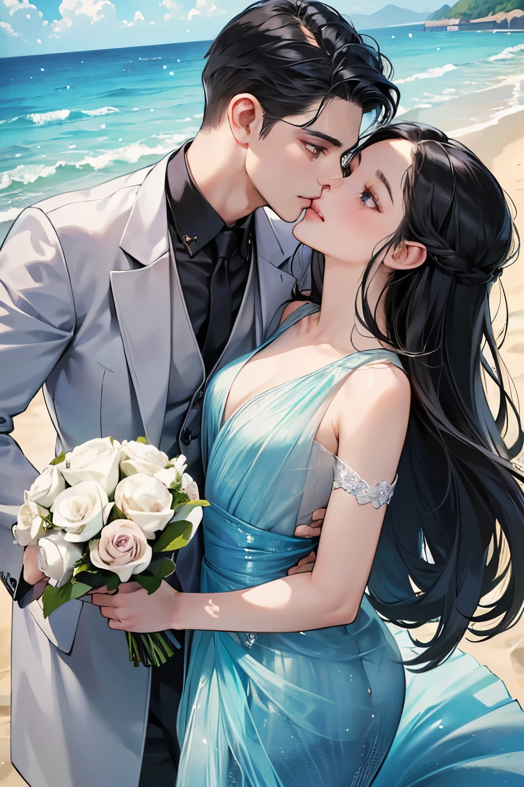 (masutepiece, Digital Art, Digital Illustration, 4K, 8K, Ultra-detailed, beautiful image, Sharp Image, Photorealistic, Raw photo, Perfect face, Perfect lines, Perfect eyes, Soft lighting) ,1 woman, (Long Black Hair,straight haired,Bullish gaze,Beautie,ellegance,Solid makeup,23 y-o woman,small tits:1.3),Two handsome men in suits, (ember,well-muscled,Firm shoulder width, Man's,Boyish hairstyle,English gentlemanly style,Man in his 30s with a cool expression,28-year-old man with bright smile:1.2),Show white teeth and smile(embarrassed from,Shy smile:1.1),shores,Beach,beach wedding、innocent smiles,Laugh、couple kissing、kiss、the kiss、Romance、Mermaid Line Wedding Dresses、Wedding、bouquet of beiragnolia