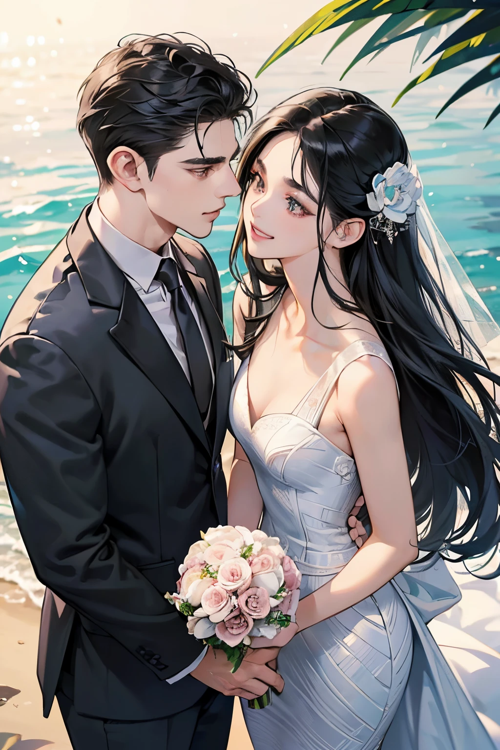 (masutepiece, Digital Art, Digital Illustration, 4K, 8K, Ultra-detailed, beautiful image, Sharp Image, Photorealistic, Raw photo, Perfect face, Perfect lines, Perfect eyes, Soft lighting) ,1 woman, (Long Black Hair,straight haired,Bullish gaze,Beautie,ellegance,Solid makeup,23 y-o woman,small tits:1.3),Two handsome men in suits, (ember,well-muscled,Firm shoulder width, Man's,Boyish hairstyle,English gentlemanly style,Man in his 30s with a cool expression,28-year-old man with bright smile:1.2),Show white teeth and smile(embarrassed from,Shy smile:1.1),shores,Beach,beach wedding、innocent smiles,Laugh、couple kissing、kiss、the kiss、Romance、Mermaid Line Wedding Dresses、Wedding、bouquet of beiragnolia