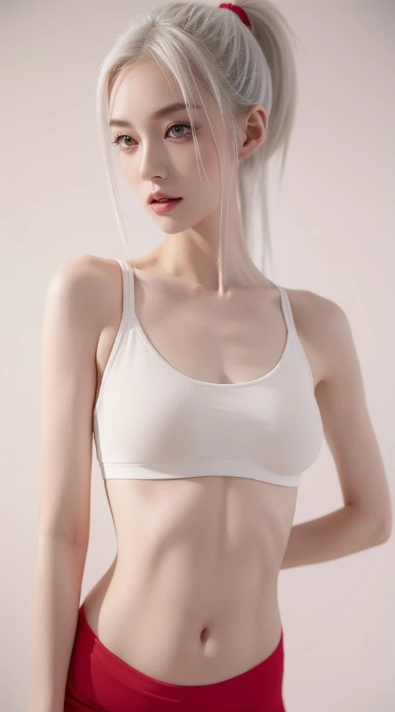 A beautiful woman standing, wearing hotpants and sports bra, pale skin, smooth pale skin, skin tune red, perfect body, detailed body, ((round big breast, small titts, big hips)), full body, cute face, white hair, ponytail hair, top quality