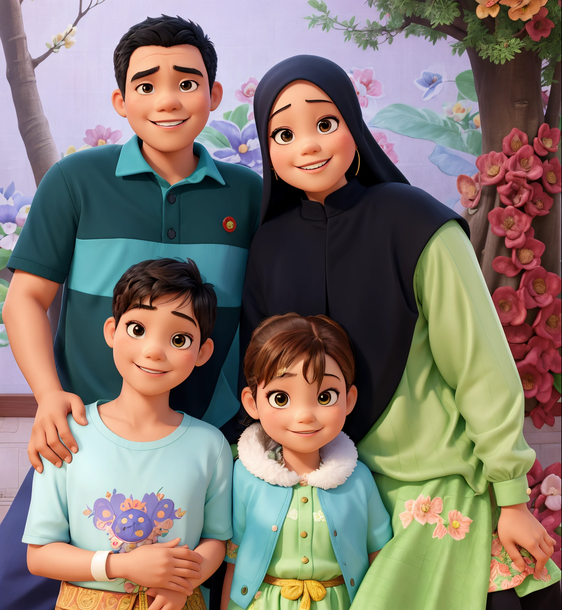 there are two adults and a posing for a picture, happy family, an indonesian family portrait, full protrait, barong family, picture, a picture, protrait, photoshot, ismail, potrait, family portrait, family photo, old picture, children, by Basuki Abdullah, portrait picture, backdrop, photo portrait, family, foto, colored photo