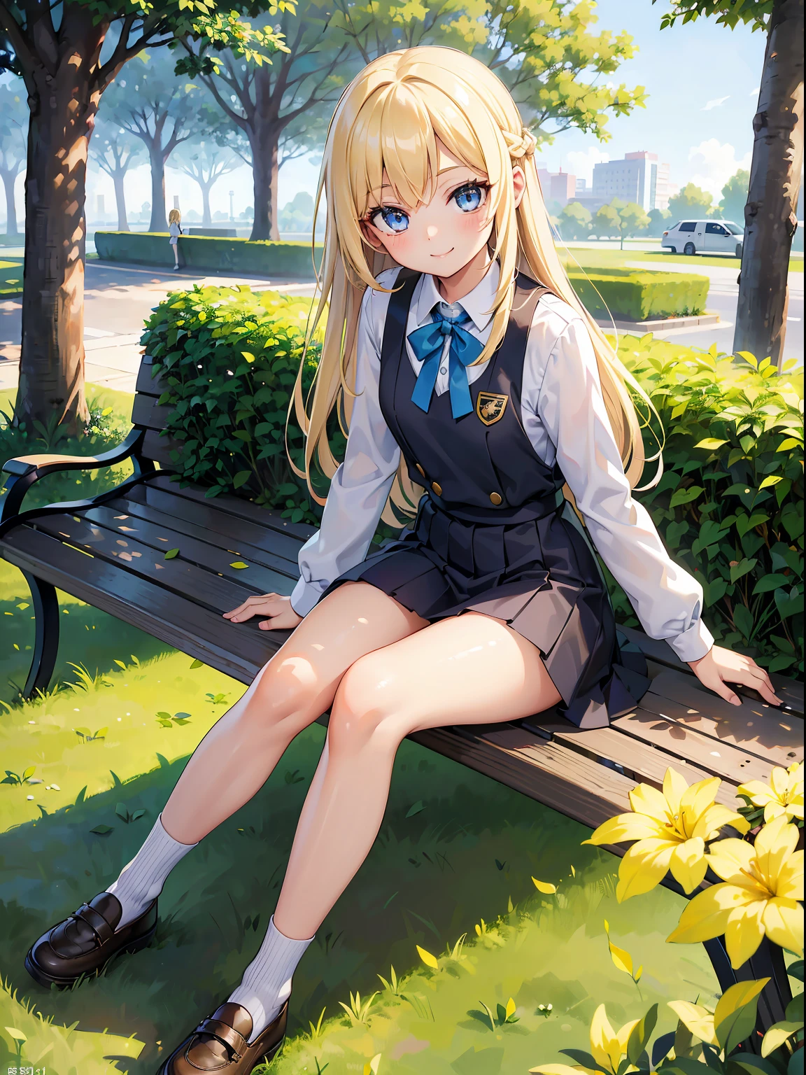 (RAW Photos, Best Quality), (animesque:1.2), (1 female gal), Absurd, awardwinning photo, Extreme Detail, very intricate,, Detailed face + Eyes, ((a blond＋Bicolor, Medium Wave)), (The face is small), Beautiful eyes, long eyelashes, slenderbody, ((Healthy tan)), Has an aura, a captivating outfit, (High School Uniforms), ((Smiling smile)), ((School route, Sitting on a bench)), Full body portrait, Realistic, Highly detailed, Photography, masutepiece, High quality, High quality, hight resolution, Professional Lighting, (glistning skin:0.9),
