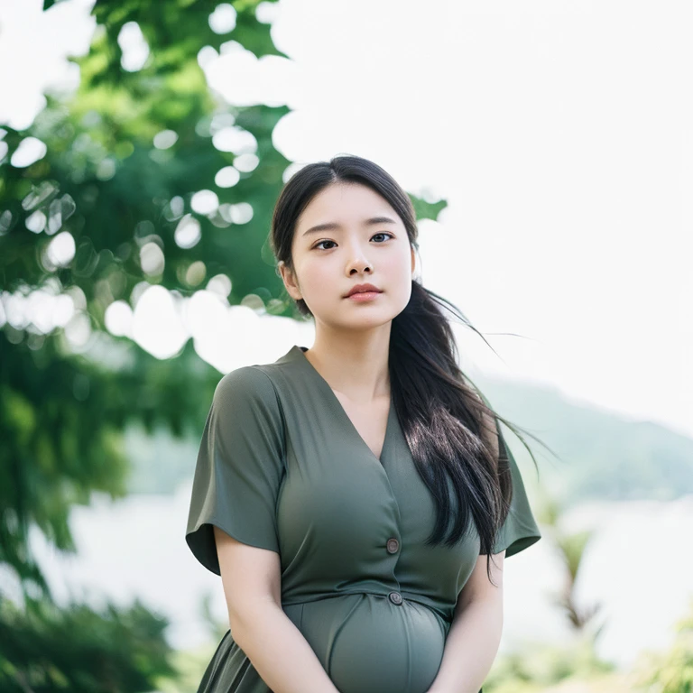 top-quality、超A high resolution、(Photorealsitic:1.4)、女の子1人、(Pregnant, 9 Months, Big belly), (faded ash gray hair:1)、(huge-breasted:1.5)、full bodyesbian, bikini of