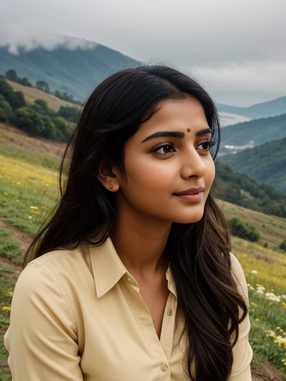 high quality, masterpiece, ultra high-res, photo realistic, ultra detailed, majestic, digital photography, 64K, HD, portrait of 25 years old Tamil girl, (exact face:1.6 Aishwarya Rai:Emma Watson: Priyanka Chopra: Jennifer Lawrence:0.5), hill station in a winter season, (wearing:1.37 light yellow shirt unbuttoned front knotted, dark blue jeans, knee height boots, wrist watch, wrist band, round deep navel, long black hair) expressive eyes exuding excitement of thrill happiness, eyes symmetry, face symmetry, (background:1.6 sun trees green grass flowers hills slope road slope path fog cloud), extremely detailed beautiful face, facing the camera, look at viewer, (full body shot from bottom)