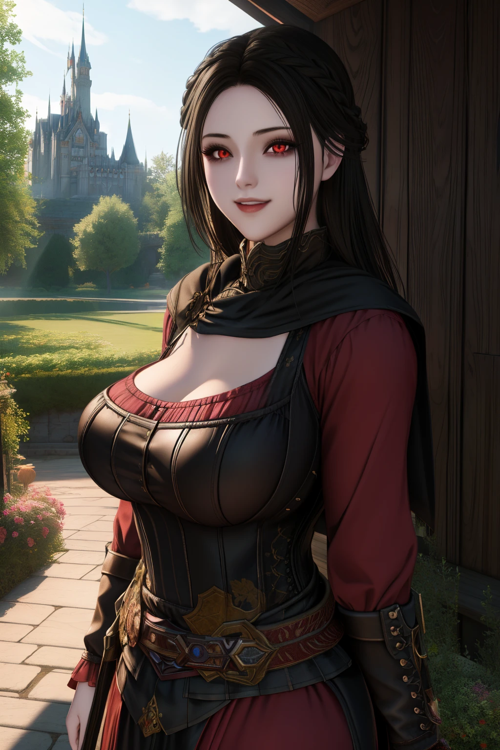 masutepiece, Best Quality, (Colorful), (Delicate eyes and face), Volumetric Lights, Ray tracing, the Extremely Detailed CG Unity 8K Wallpapers, serana, 1girl in, Red Eyes, Looking at Viewer, Seductive smile, arms behind back, evening, garden, gloomy castle