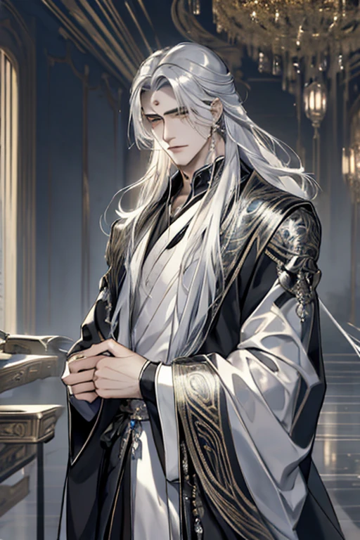 tmasterpiece，Best Picture Quality，Silver-haired man，male people，Black Hanfu，，Blackn clothes，long, floated hair，Wide-sleeved robe，ancient wind，Solid color clothes，Clothes without any patterns and majestic expression，gentlesoftlighting，water ink，Inside the Palace of Versailles