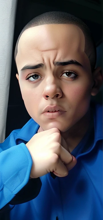 homem Um homem com um corte de cabelo estilo buzz cut ou militar com degrade, parecido com o de Eminem, Drake ou Miles Morales dos quadrinhos do Ultimate Spider-Man. hair color black, arafiado de camisa azul sentado em um carro olhando pela janela, taken in the early 2020s, andres rios, imagem de qualidade muito baixa, com rosto neutro, with a sad expression, tiradas no final dos anos 2000, Absorto em pensamentos, em torno de 1 9 anos, foto de perfil headshot, parecendo confuso