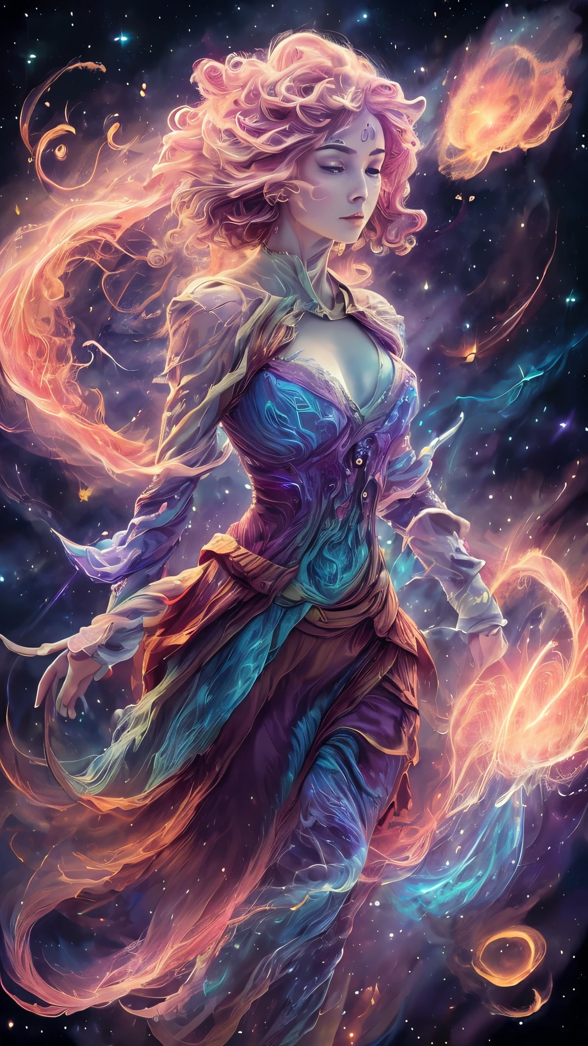 inconceivable and spectacular a scene of emergence of a figure from the glowing cloud, fractal nebula threads, cosmic entities, celestial, cosmic, vibrant and vivid, swirls, twirling, unrealistic, high contrast, symobolism, magical, mystical, mystifying, hyperrealistic, oversaturate, colorfully