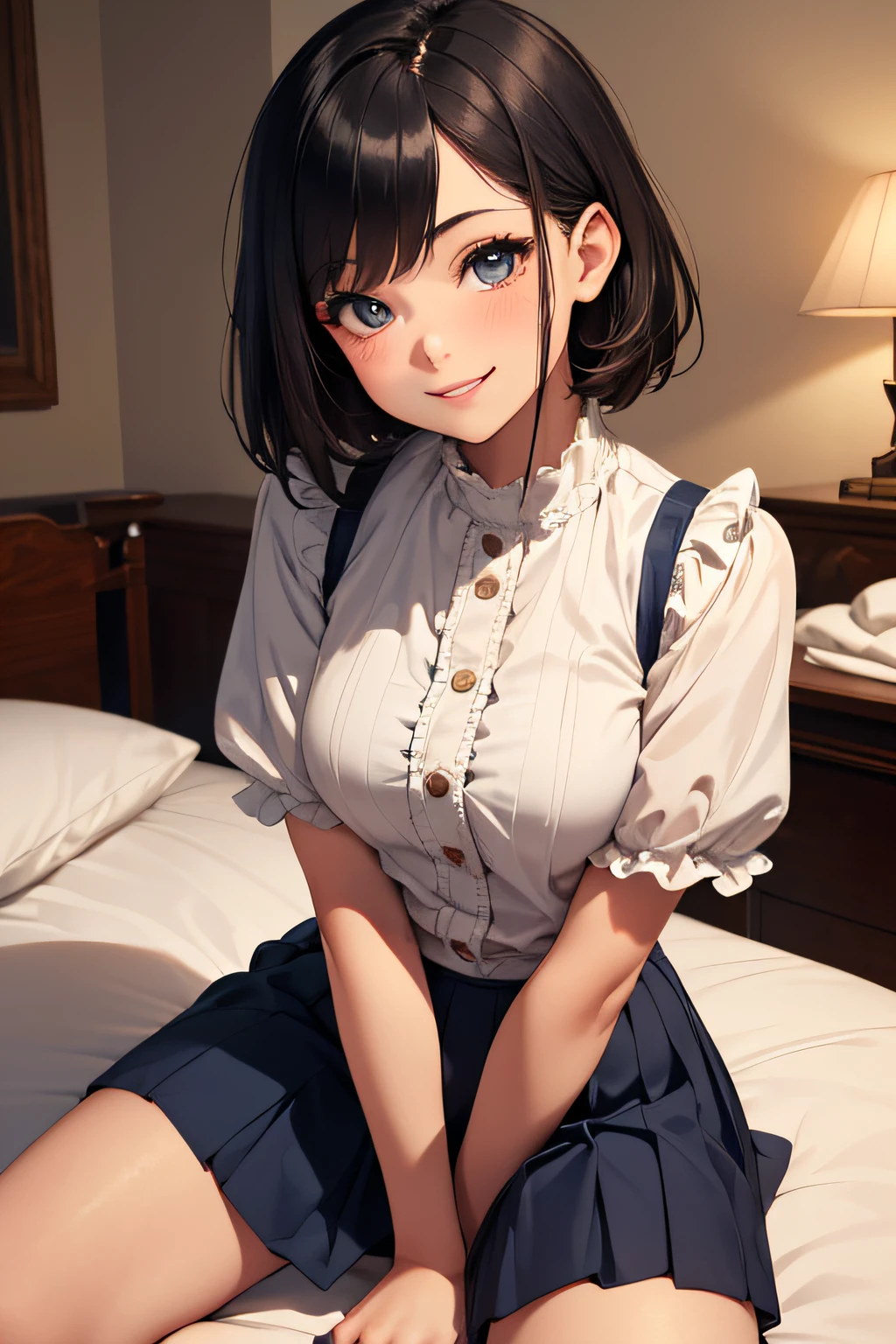 Very cute and beautiful girl,,(very detailed beautiful face and eyes:1.2),frilled underwear,Pleated mini skirt in navy blue,
Sitting on bed sheets,Spread legs,Looking at Viewer,antique hotel,Smile,Black hair,a pixie cut,Cowboy Shot,Dynamic Angle,
(Best Quality,masutepiece:1.2),Extremely detailed,hight resolution,Solo,