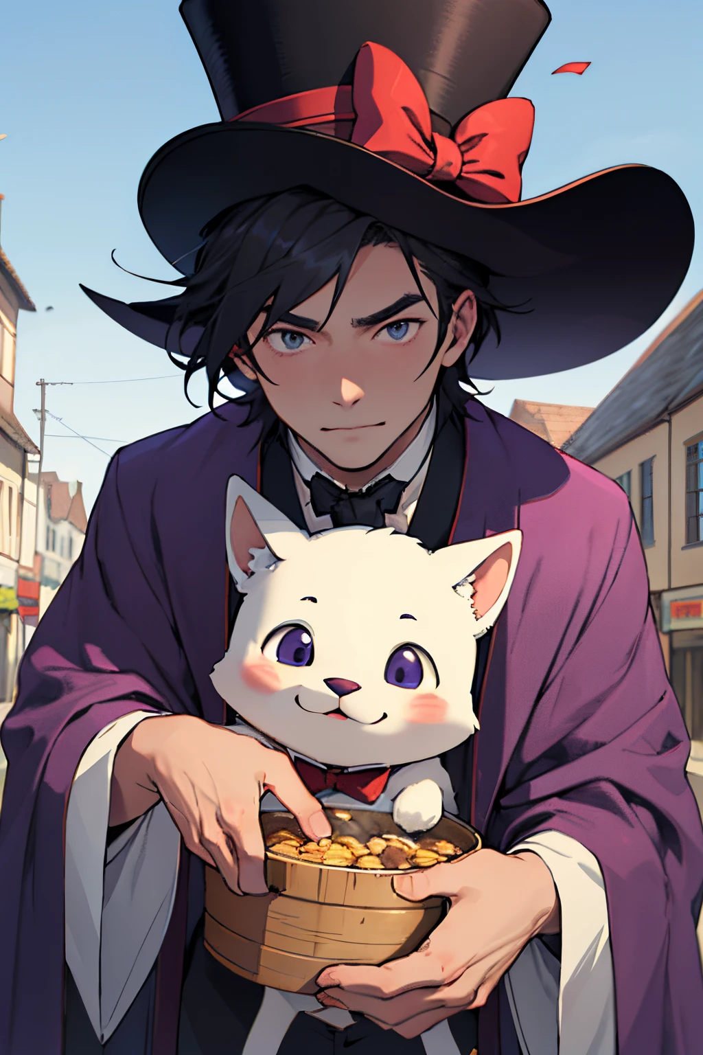 Male youth,Hold the cheeks,Wearing a deep purple robe,With a top hat,There's a beautiful little town underneath you