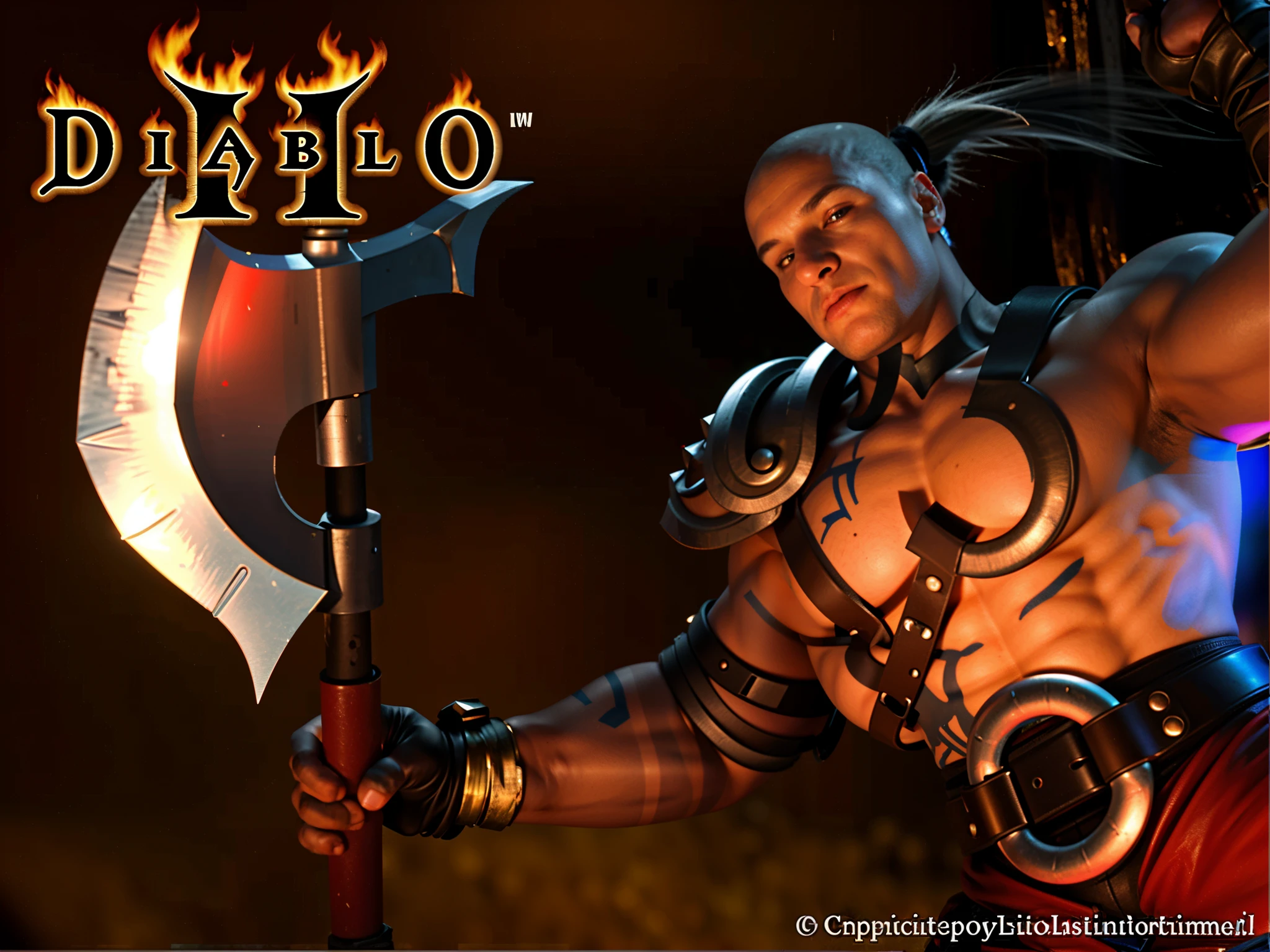(a close up of a person holding a large double-edged axe, male barbarian, barbarian class, ((no facial hair))), picture of a male warrior, Kratos, barbarian warrior, hero from Diablo 2, with a two-handed axe, (best quality, 4k, 8k, highres, masterpiece:1.2), (detailed face and body and hands:1.3), ultra-detailed, (realistic, photorealistic, photo-realistic:1.37), muscular build, shirtless, wearing torn leather pantace, (face and body blue colored tattoo)