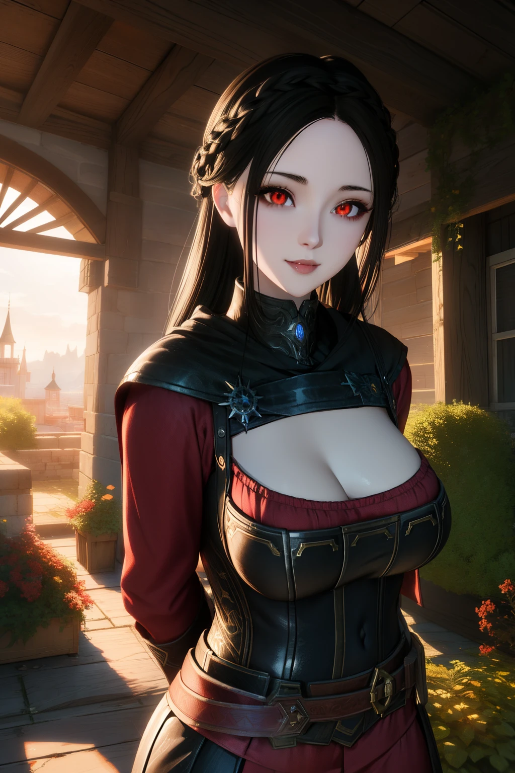 masutepiece, Best Quality, (Colorful), (Delicate eyes and face), Volumetric Lights, Ray tracing, the Extremely Detailed CG Unity 8K Wallpapers, serana, 1girl in, Red Eyes, Looking at Viewer, Seductive smile, arms behind back, evening, garden, gloomy castle