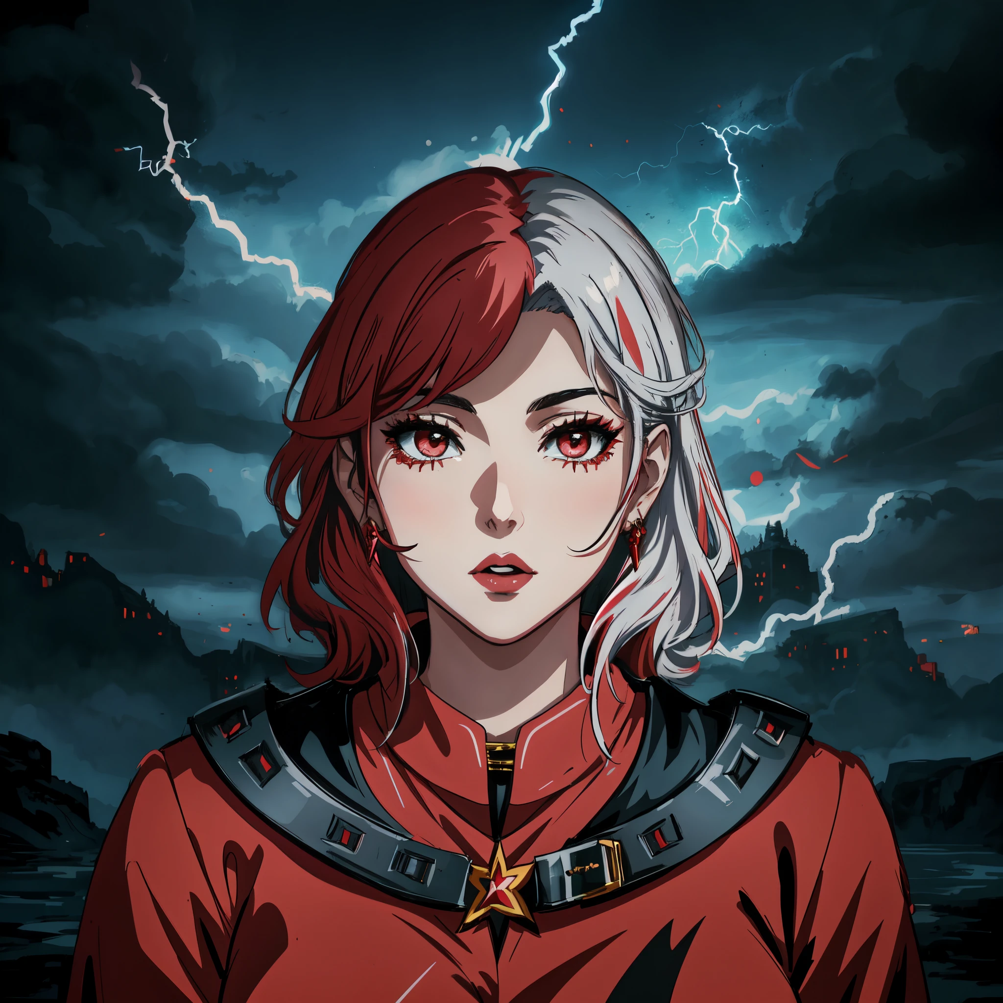 curvy woman with red and white hair and red cape with lightning in the background, maya ali as a lightning mage, ela atrai raios, splashes of lightning behind her, Retrato de um mago feminino, Retrato da feiticeira feminina, Retrato de um feiticeiro vermelho, Retrato do personagem darksynth, Estilo fantasia Graphic Novel, retrato detalhado do caractere, bruxa linda, Estilo de arte de anime, roupas detahadas, roupas bonitas, fundo raios,