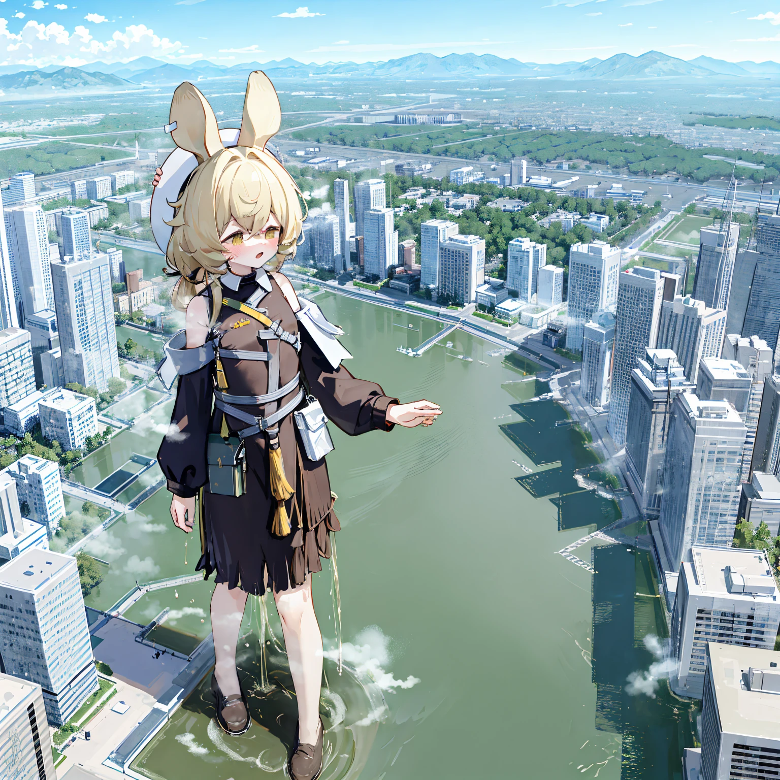 NSFW，​​{A giantess}，{1girll}，{are standing}，{urine discharge}​​，{Strongly acidic urine}，​​clouds， looking over city， mountain ranges， tmasterpiece, Best quality at best, The content  very detailed,tmasterpiece,Best quality at best,offcial art,extremely detaild的 CG unified 8k wallpapers，{{{A giantess}}}，Huge girl，1 girl，modern miniature city，Animal ear，，{corrosive urine}，{corroded building}，corroded ground，Urine pits，no shoe，{Nero}，face flushed，comfortable expressions，，urine，Nourishes urine，Urine eruption，Urine gives off steam，{Standing on a modern miniature city}，The city  full of urine