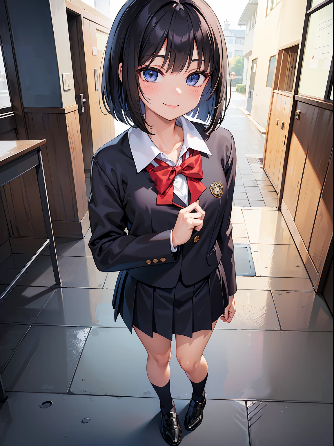 (RAW Photos, Best Quality), (animesque:1.2), (1 female gal), Absurd, awardwinning photo, Extreme Detail, very intricate,, Detailed face + Eyes, ((A dark-haired, bob cuts)), (The face is small), Beautiful eyes, long eyelashes, slenderbody, ((Healthy tan)), Has an aura, a captivating outfit, (High School Uniforms), ((Smiling smile)), ((School route, appointment)), Full body portrait, Realistic, Highly detailed, Photography, masutepiece, High quality, High quality, hight resolution, Professional Lighting, (glistning skin:0.9),