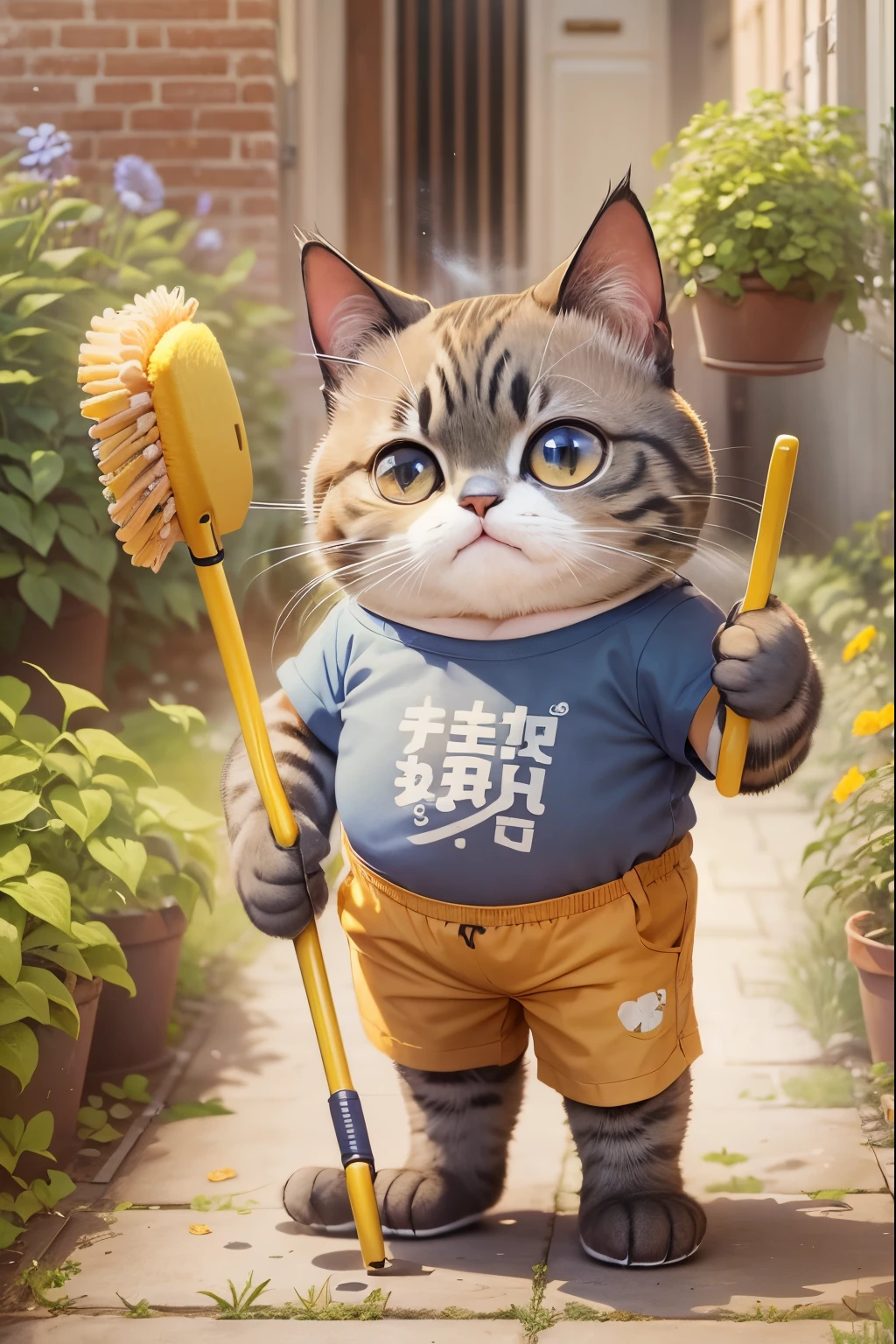 One wears a printed"CAT"Cute round-eyed fat cat in T-shirt with the words, , Cleaning the garden.