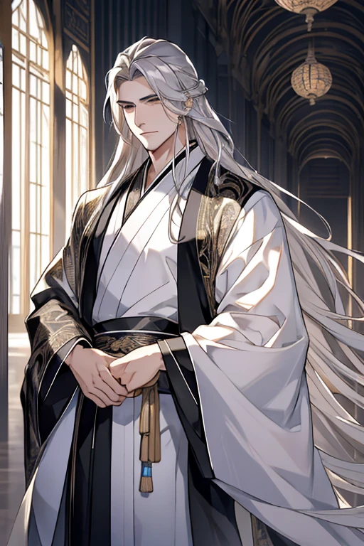 tmasterpiece,Best Picture Quality,Silver-haired man,male people,Black Hanfu,,Blackn clothes,long, floated hair,Wide-sleeved robe,ancient wind,Solid color clothes,The clothes do not have any patterns,The expression majestic,gentlesoftlighting,water ink,Inside the Palace of Versailles