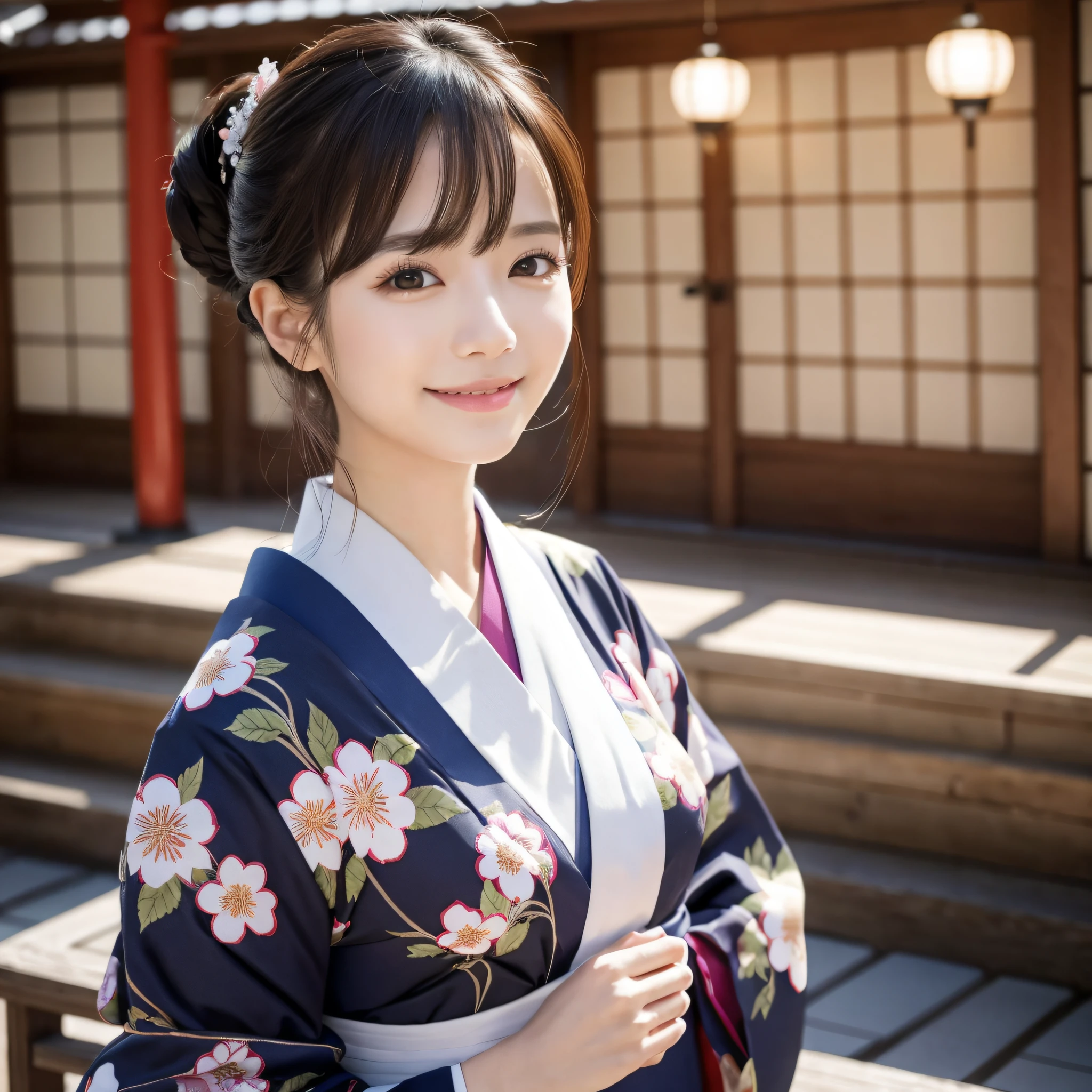 Beautiful woman in neat Japanese clothes、8k masterpieces:1.3))、foco nítido:1.2、(ultra beautiful faces:1.0)、(shinny skin:1.0)、photos realistic、A dark-haired、Video Lighting、High-definition eyes and face、Video Lighting、Japan Idol Actress front side、medium breasts、Smile、Slender Abs Beauty、Whole body、In furisode