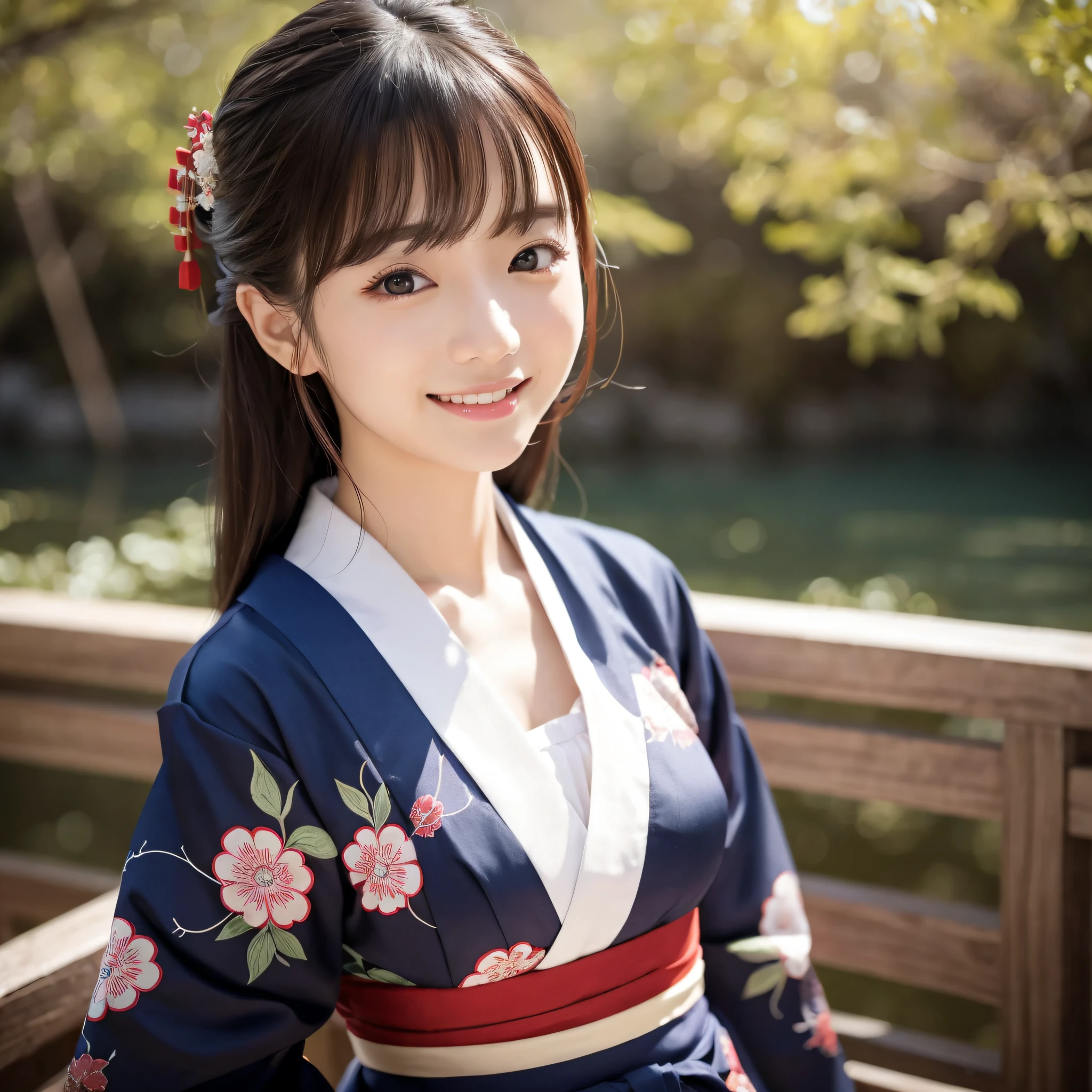 Beautiful woman in neat Japanese clothes、8k masterpieces:1.3))、foco nítido:1.2、(ultra beautiful faces:1.0)、(shinny skin:1.0)、photos realistic、A dark-haired、Video Lighting、High-definition eyes and face、Video Lighting、Japan Idol Actress front side、medium breasts、Smile、Slender Abs Beauty、Whole body、In furisode