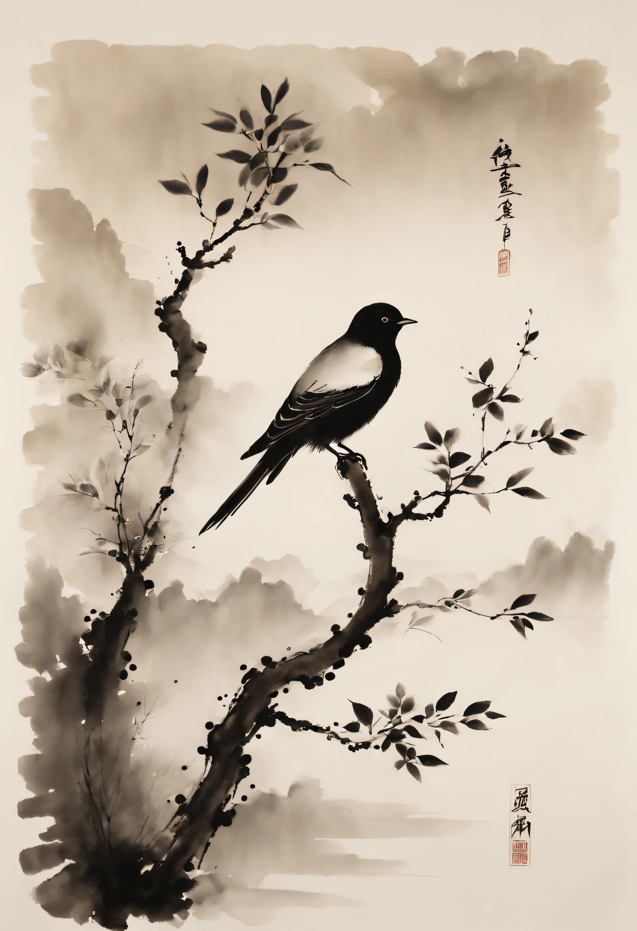 (Best quality at best,A high resolution,tmasterpiece:1.2),ultra - detailed,ink and watercolor painting,maximalist,Chinese,birds in branches,Loose brushstrokes, artworks,subtletextures,Elegant and ,expressive ink,Black and white,Striking,finely detailled,zen feeling,Traditional technology,Artistic interpretation,tranquil ambiance,minimalist aesthetic,Calm atmosphere,full of symbolic meaning,Subtle gradients,harmonious balance,atmosphric perspective,peaceful tranquility,sparse background,Thoughtful touches,Powerful simplicity,Peaceful nature,Balance of positive and negative space,Beautiful movements,Lively brushstrokes,nature harmony,EtherealBeauty,traditional pen and ink techniques,calm expression,artistic minimalism,The tranquility of nature,delicated lines,Fantastical Atmosphere,soothing black ink,Subtle ink,Symbolic imagery