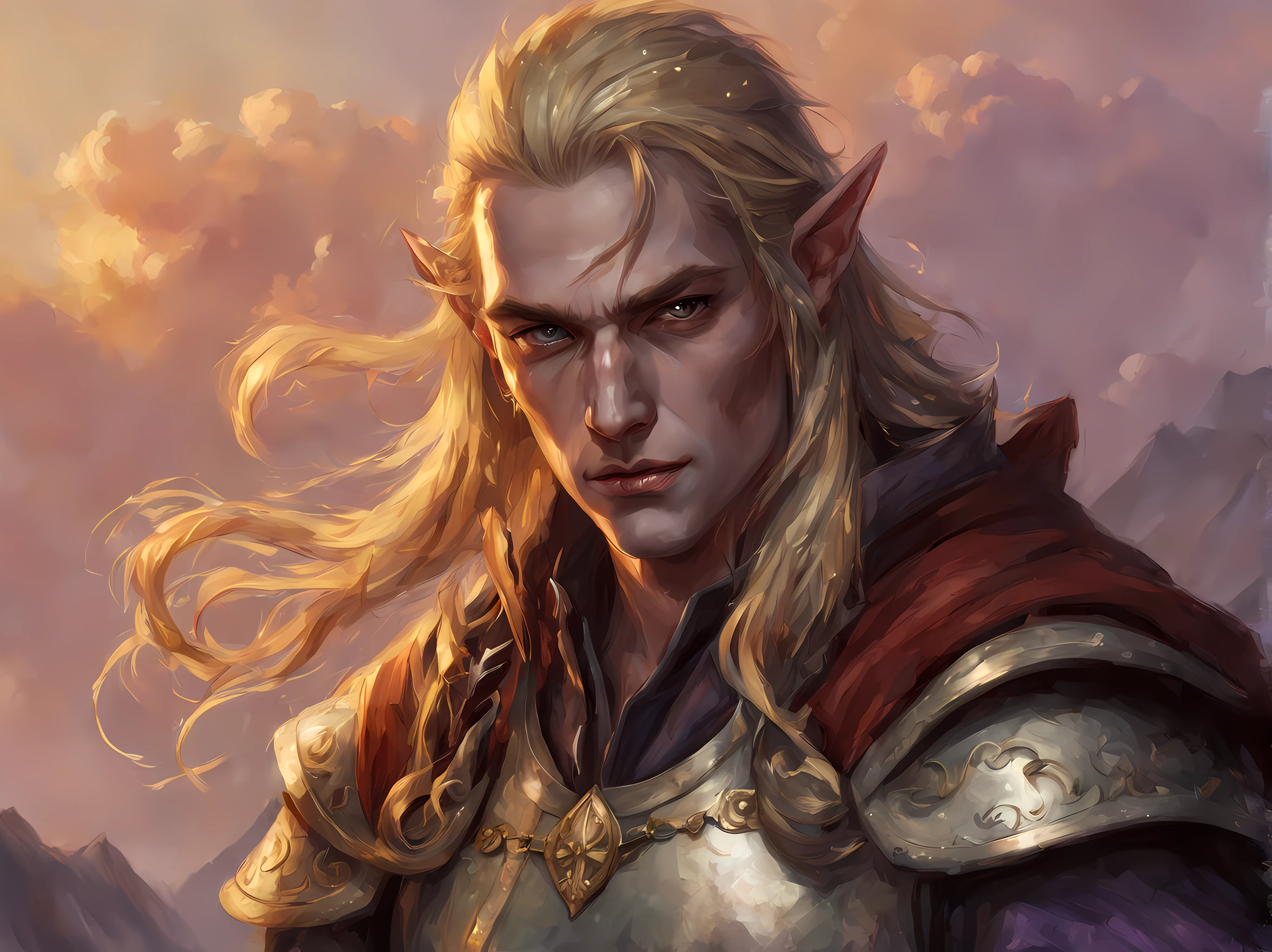 fantasy art, dnd art, RPG art, wide shot, drkfntasy (masterpiece:1.3), full body, intense details, highly detailed, photorealistic, best quality, highres, portrait of 1male half elf (fantasy art, Masterpiece, best quality: 1.ale skin, intense details facial detail fantasy art, Masterpiece, best quality) fighter, exquisite beauty, (blond hair: 1.3), braided hair, smirking in arrogance, intense purple eyeantasy art, Masterpiece, best quality: 1.3) armed a  sword fantasysword sword (concept, fantasy art, Masterpiece, best quality: 1.3) wearing heavy (heavy armor, wearing) wearing laced boots, wearing a cloak, smiling an arrogant smile, standing in fantasy street, there are (dark red clouds: 1.3) , (dark yellows clouds: 1.3) above, sense of gloom, sense of dread, depth of field, reflection light, high details, best quality, 16k, [ultra detailed], masterpiece, best quality, (extremely detailed), dynamic angle, ultra wide shot, photorealistic, RAW, fantasy art, dnd art, fantasy art, realistic ar