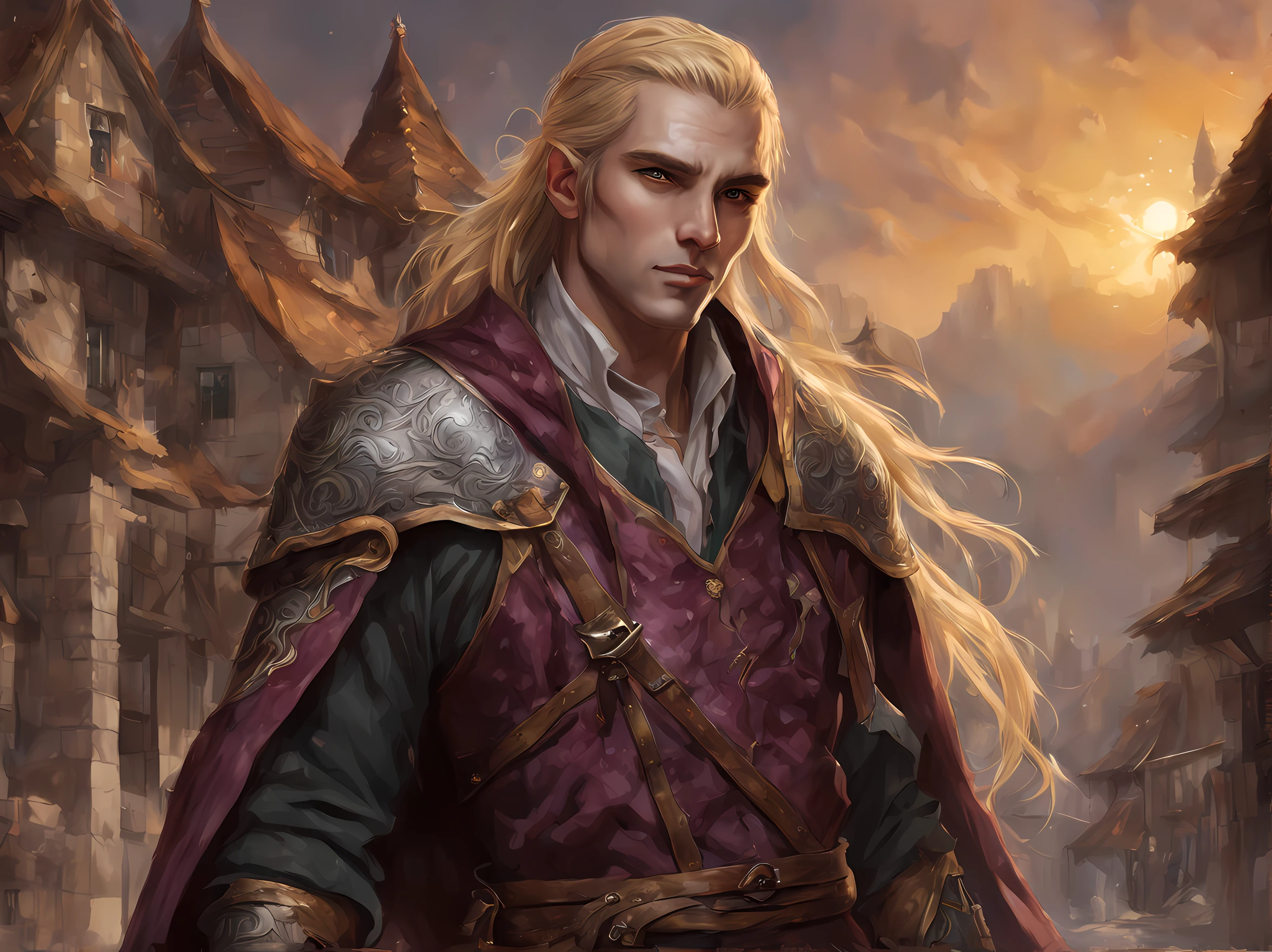 fantasy art, dnd art, RPG art, wide shot, drkfntasy (masterpiece:1.3), full body, intense details, highly detailed, photorealistic, best quality, highres, portrait of 1male half elf (fantasy art, Masterpiece, best quality: 1.ale skin, intense details facial detail fantasy art, Masterpiece, best quality) fighter, exquisite beauty, (blond hair: 1.3), braided hair, smirking in arrogance, intense purple eyeantasy art, Masterpiece, best quality: 1.3) armed a  sword fantasysword sword (concept, fantasy art, Masterpiece, best quality: 1.3) wearing heavy (heavy armor, wearing) wearing laced boots, wearing a cloak, smiling an arrogant smile, standing in fantasy street, there are (dark red clouds: 1.3) , (dark yellows clouds: 1.3) above, sense of gloom, sense of dread, depth of field, reflection light, high details, best quality, 16k, [ultra detailed], masterpiece, best quality, (extremely detailed), dynamic angle, ultra wide shot, photorealistic, RAW, fantasy art, dnd art, fantasy art, realistic ar